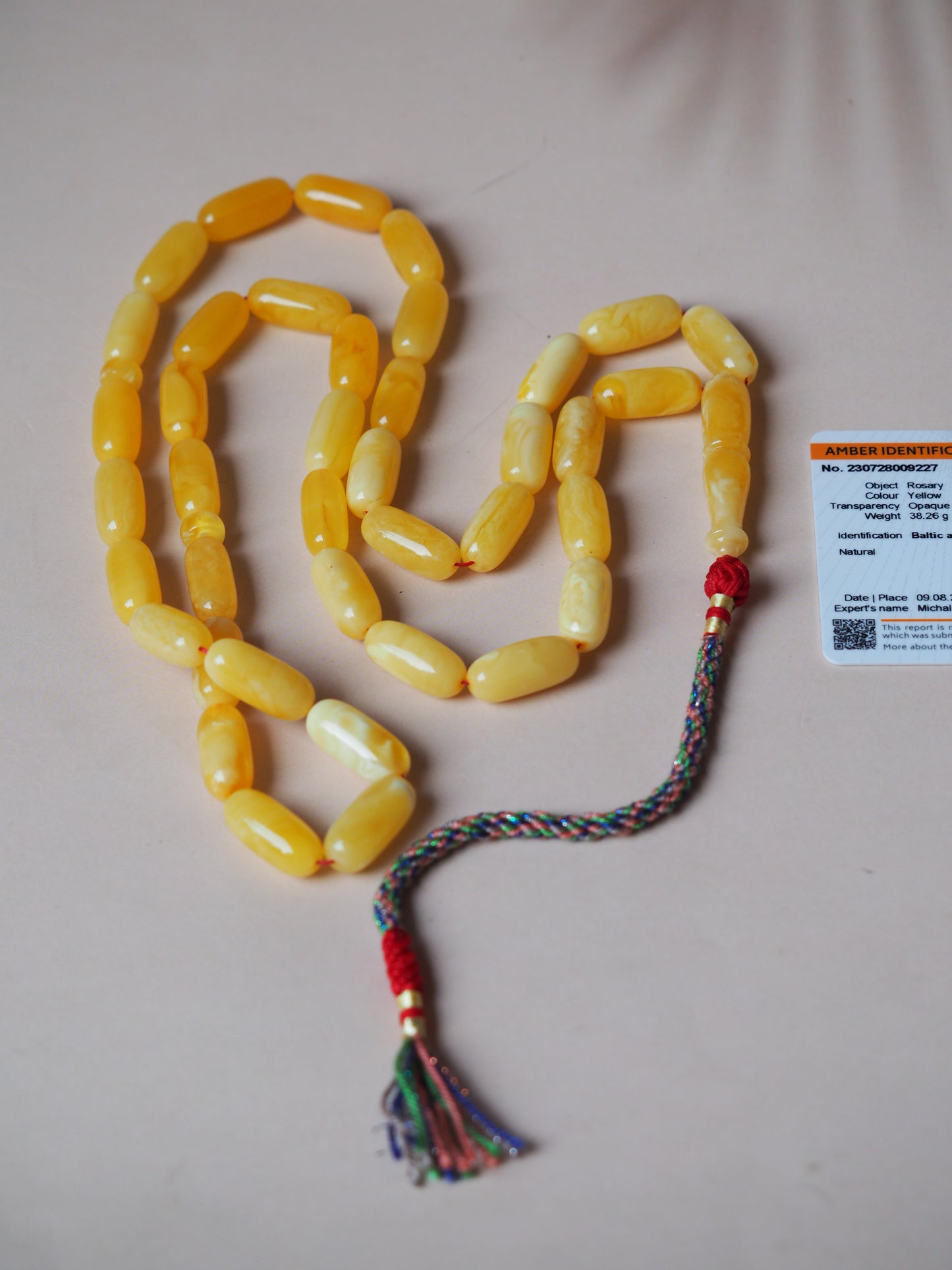 Unique Natural Butterscotch/ Milk Amber Rosary in Eclipse Shape + Certificate