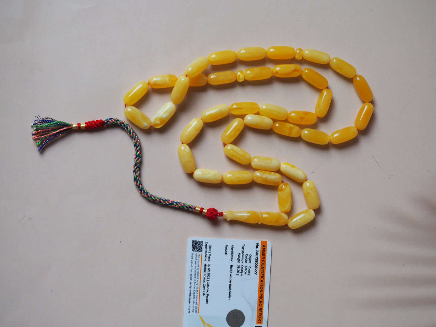Unique Natural Butterscotch/ Milk Amber Rosary in Eclipse Shape + Certificate