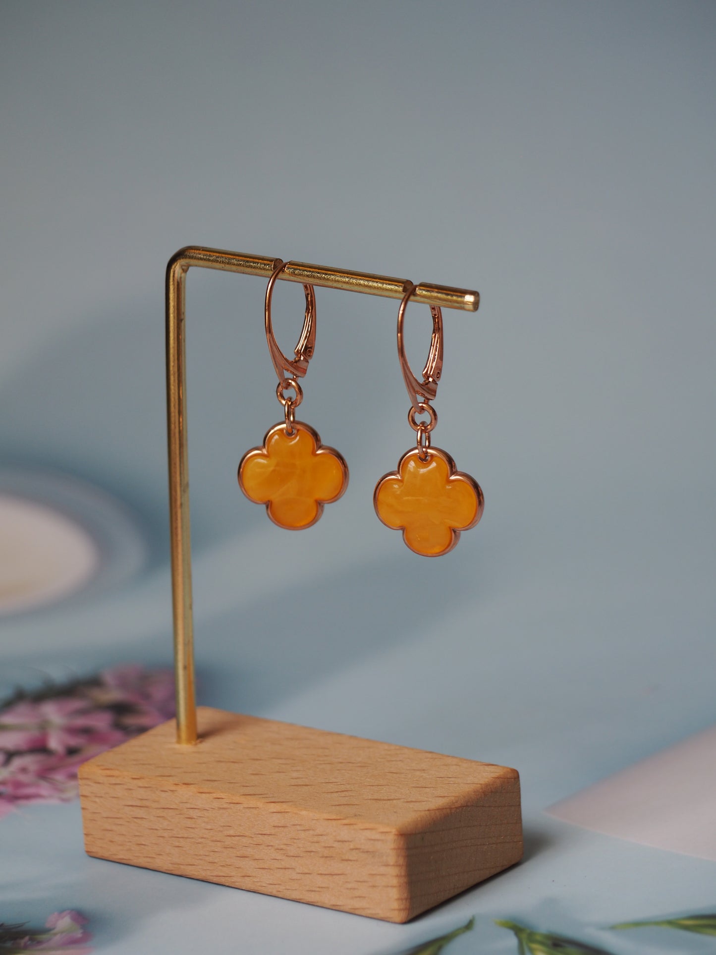 Clover Shape Butterscotch/Honey Amber Dangling Earrings in Rose Gold Plated Silver