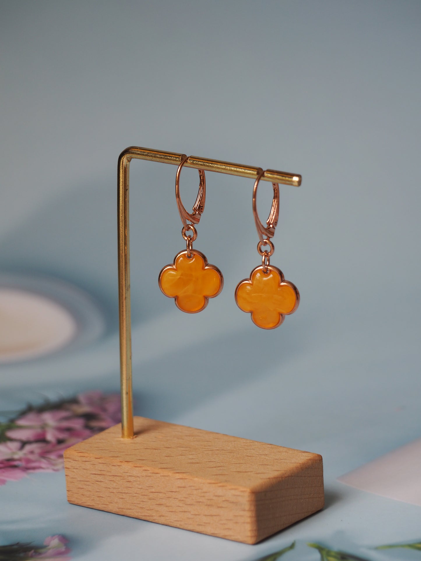Clover Shape Butterscotch/Honey Amber Dangling Earrings in Rose Gold Plated Silver