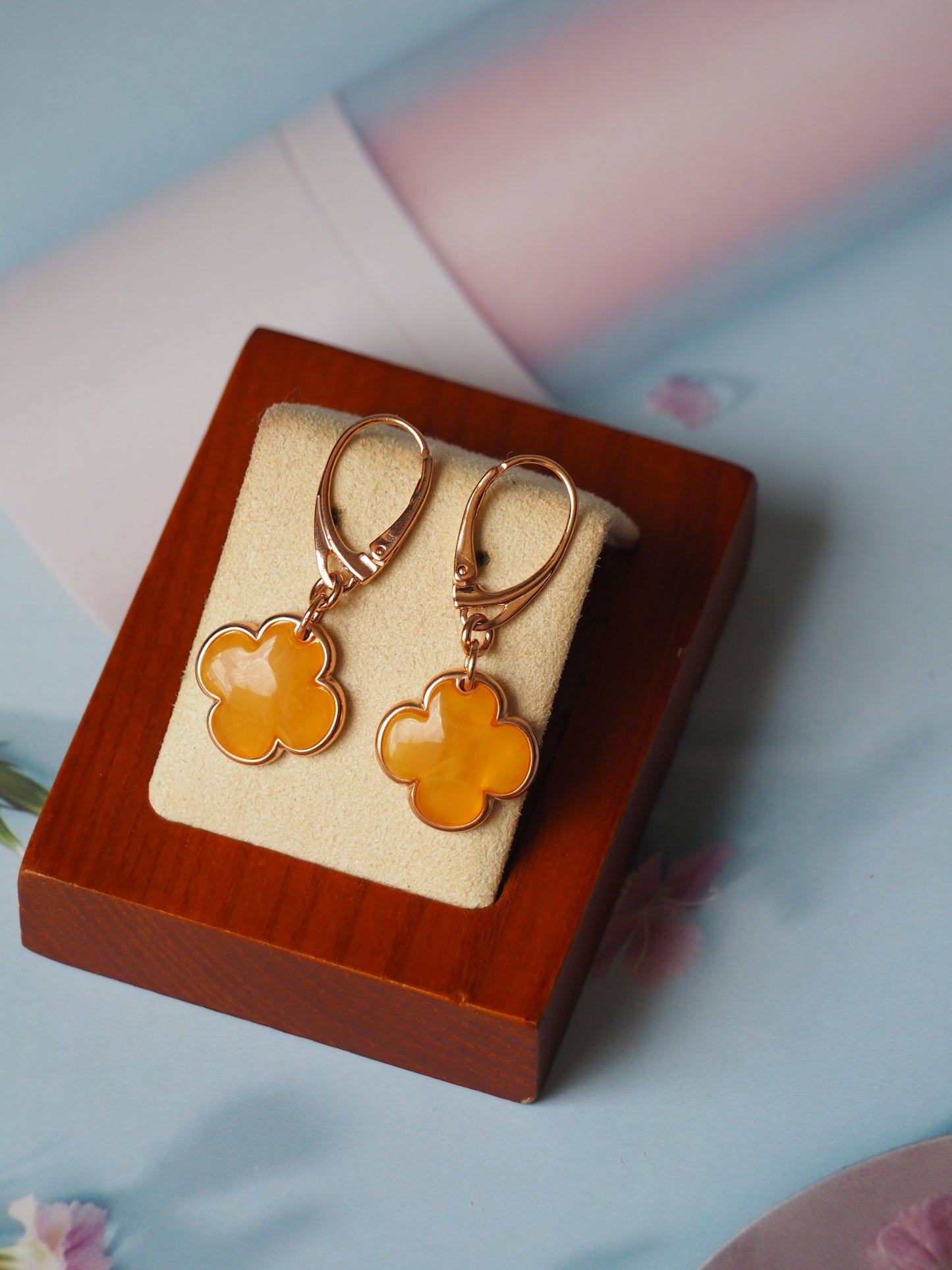 Clover Shape Butterscotch/Honey Amber Dangling Earrings in Rose Gold Plated Silver