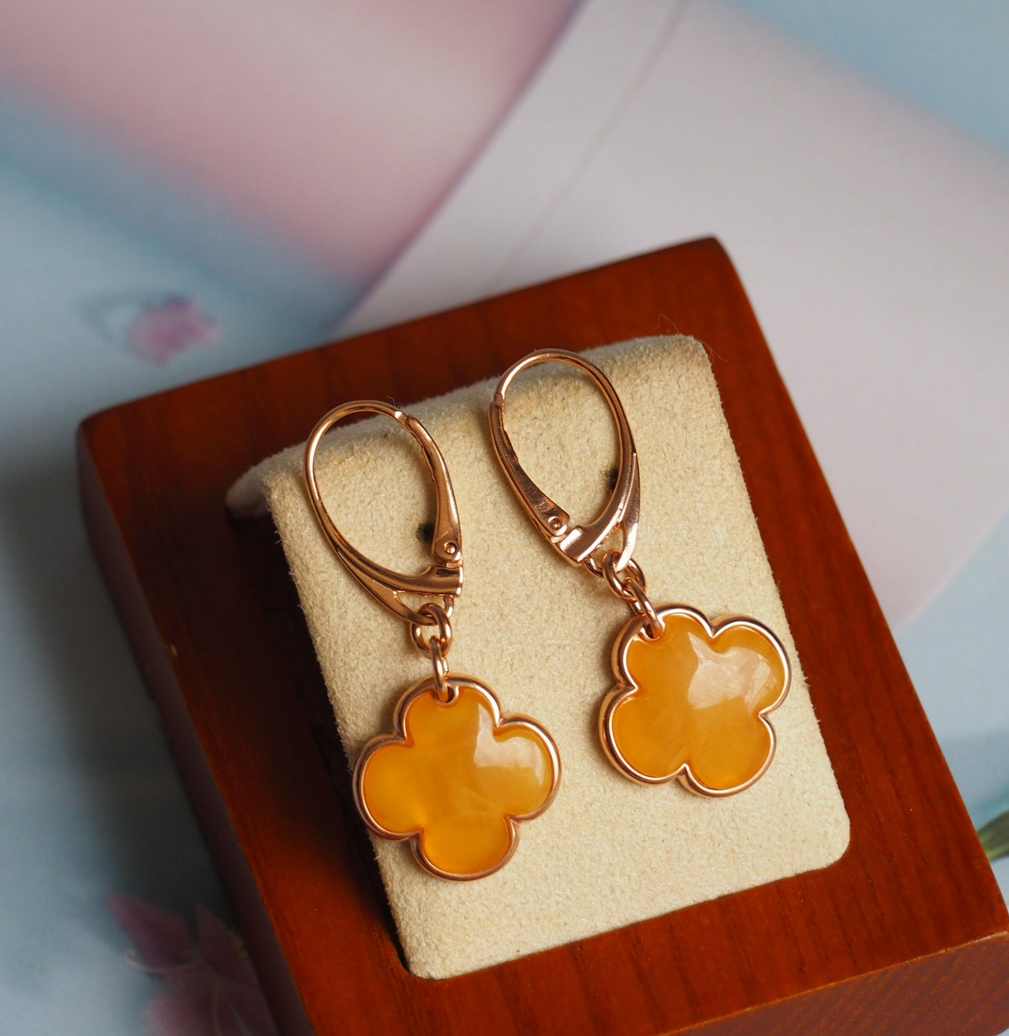 Clover Shape Butterscotch/Honey Amber Dangling Earrings in Rose Gold Plated Silver