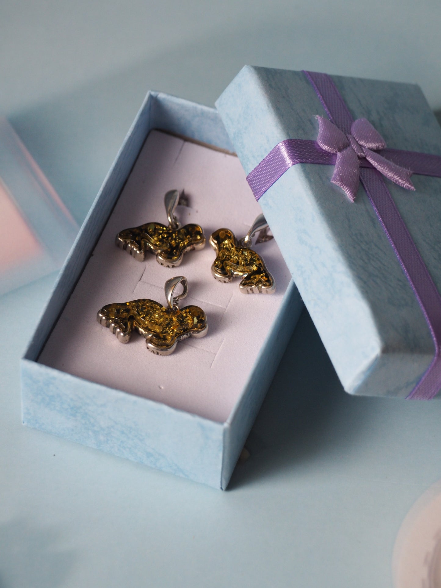 Green Amber Seals Earrings and Charm Set in Silver 925