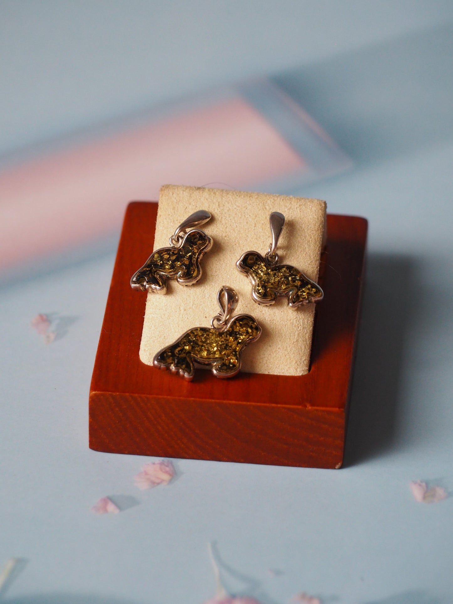 Green Amber Seals Earrings and Charm Set in Silver 925