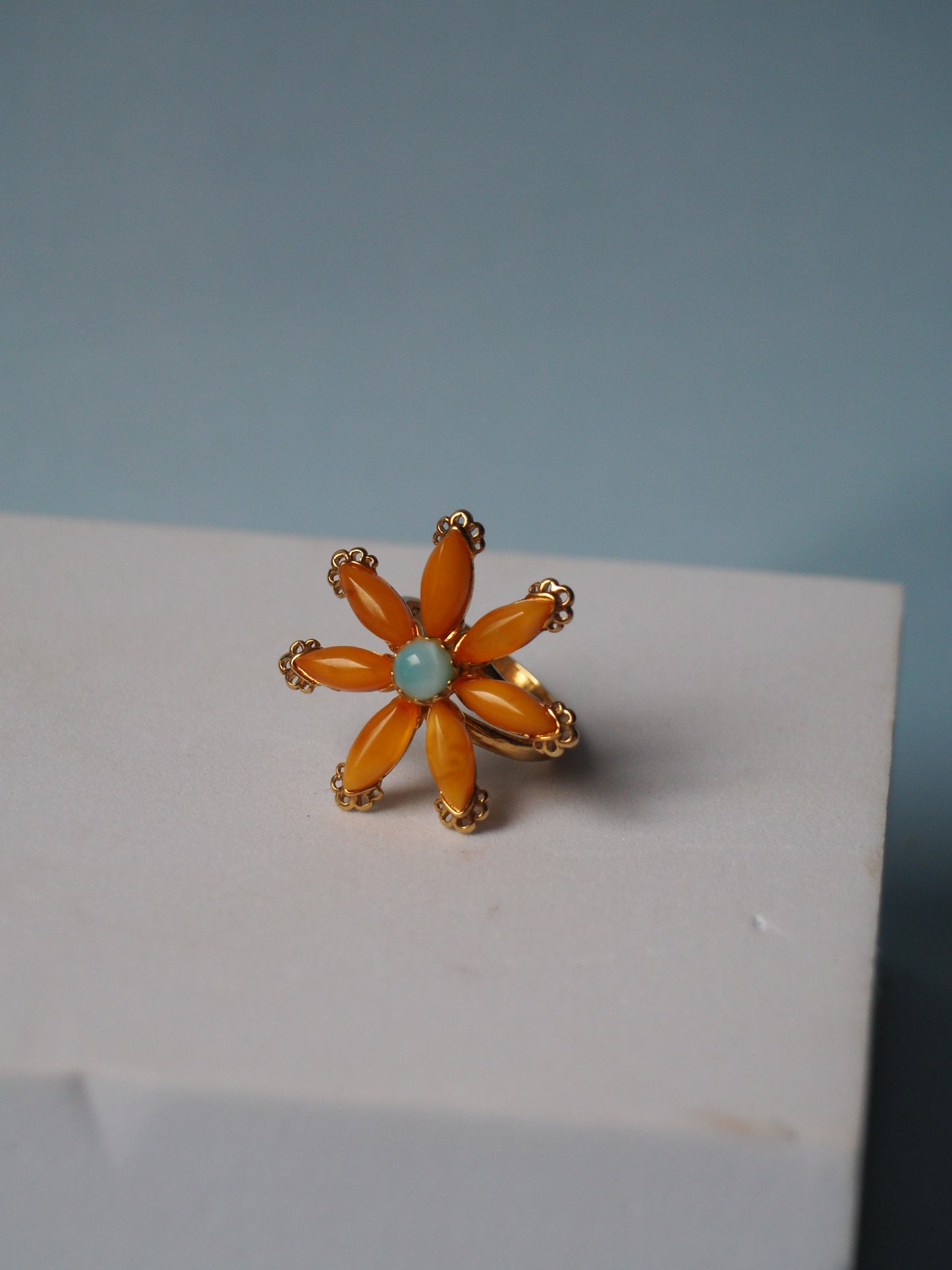 Honey Amber Flower Shape Ring with Larimar