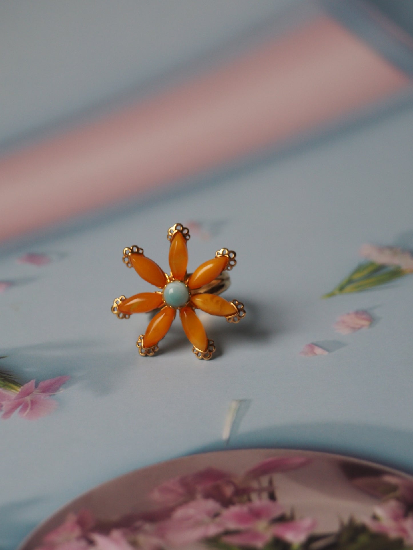 Honey Amber Flower Shape Ring with Larimar