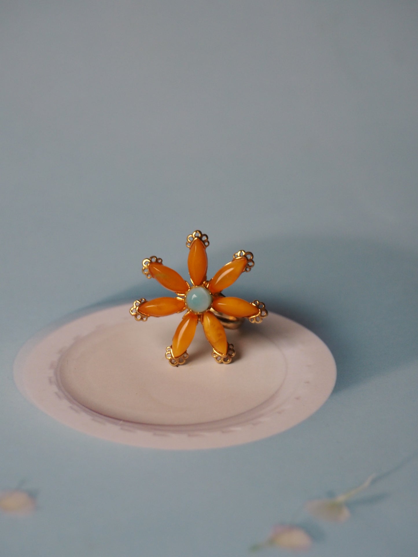 Honey Amber Flower Shape Ring with Larimar