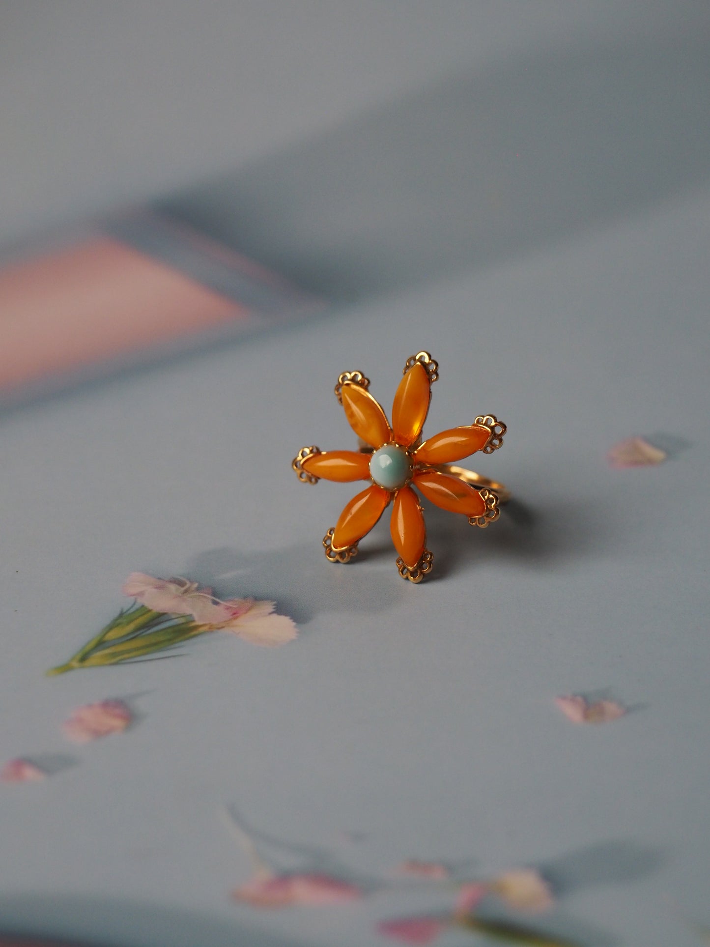 Honey Amber Flower Shape Ring with Larimar