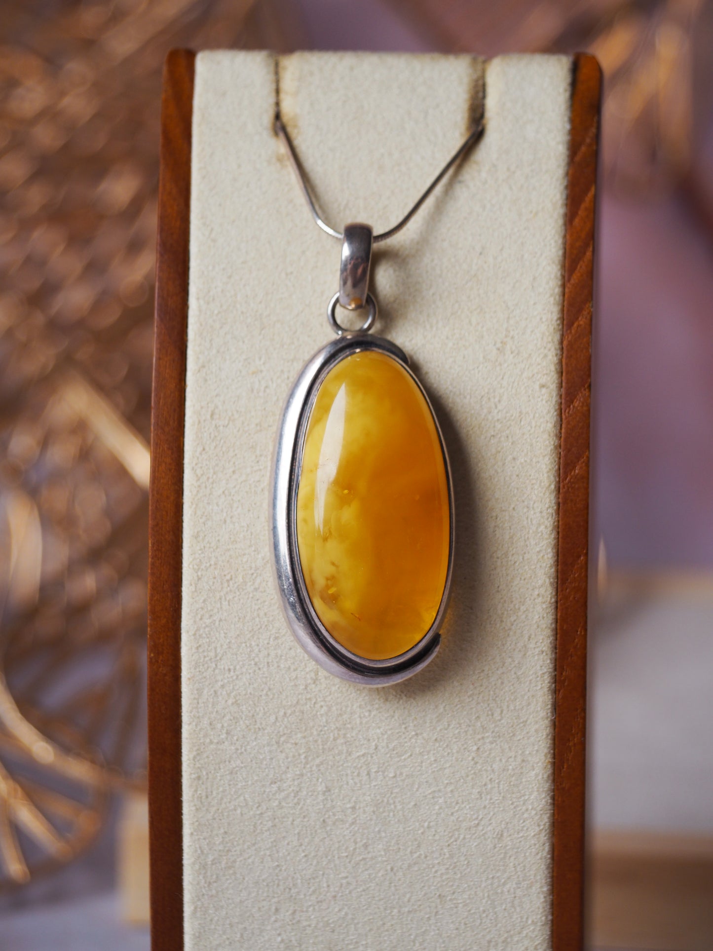 Butterscotch/ Honey Amber Oblong Pendant in Oxidized Silver