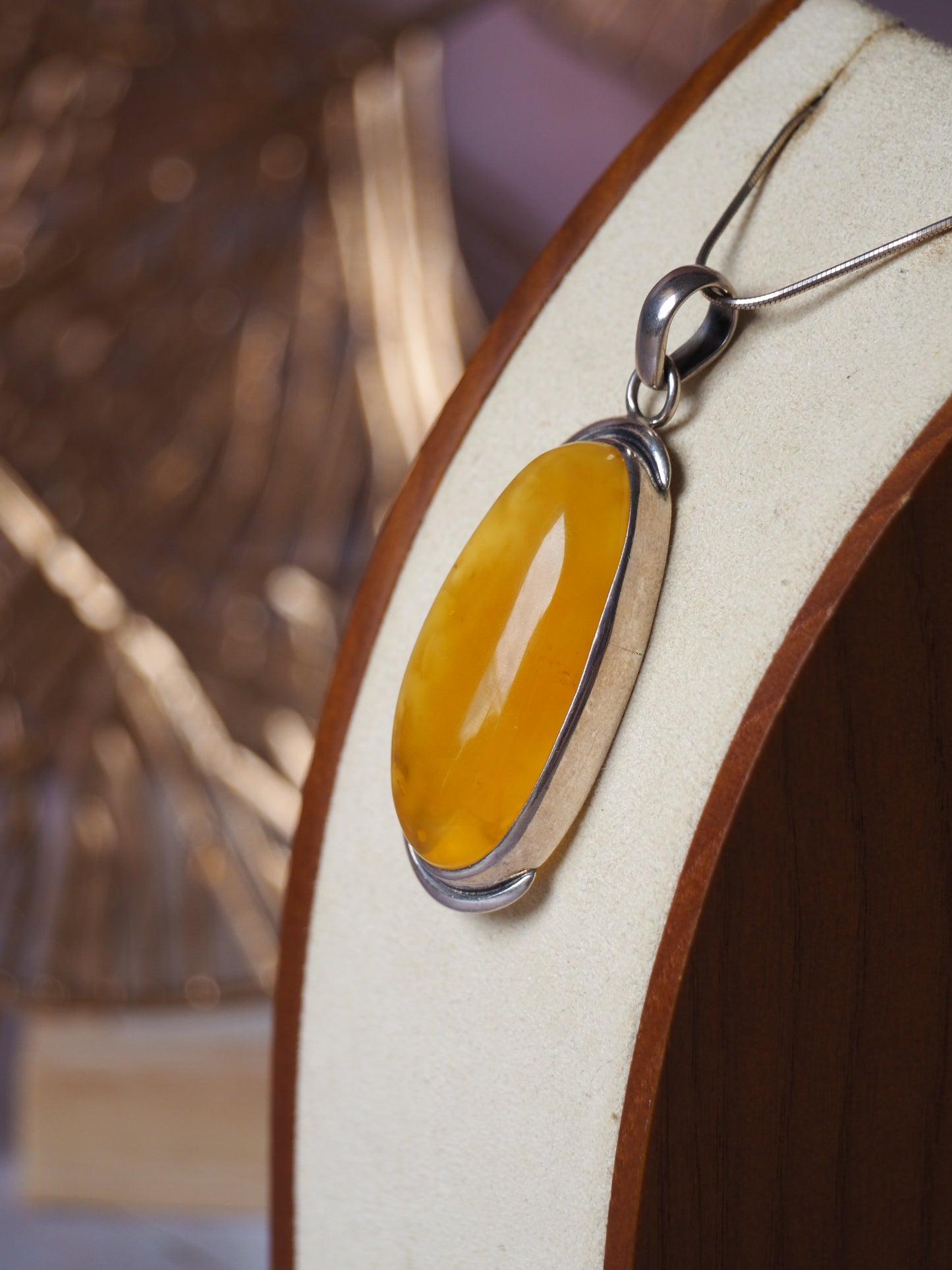 Butterscotch/ Honey Amber Oblong Pendant in Oxidized Silver