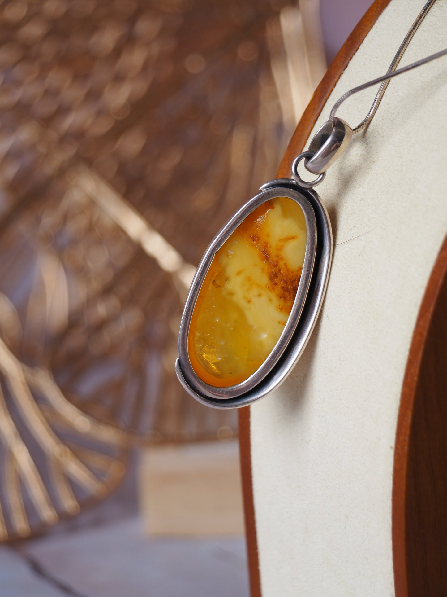 Butterscotch/ Honey Amber Oblong Pendant in Oxidized Silver