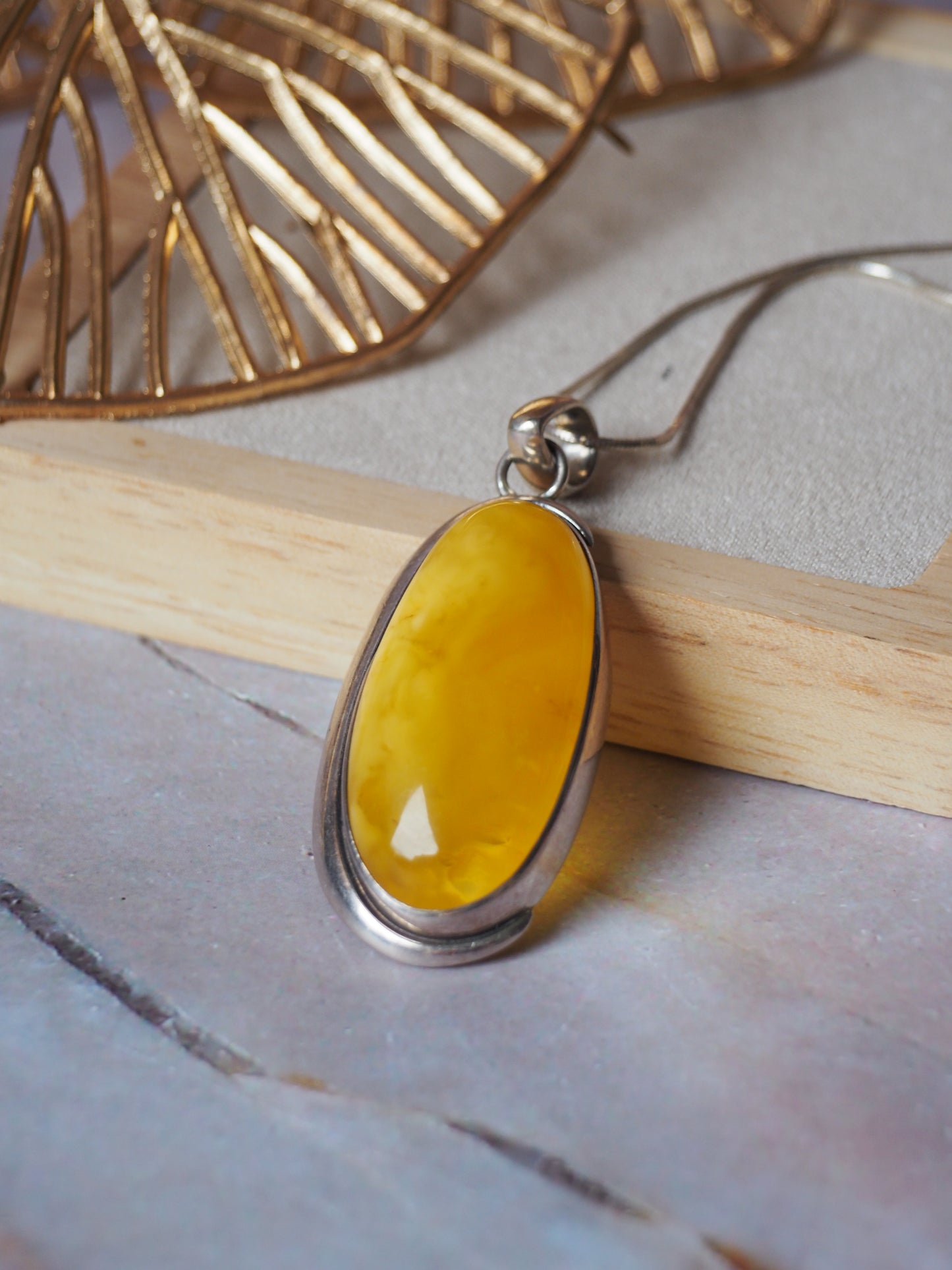 Butterscotch/ Honey Amber Oblong Pendant in Oxidized Silver