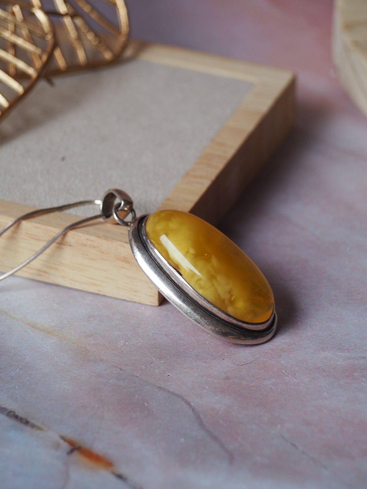Butterscotch/ Honey Amber Oblong Pendant in Oxidized Silver