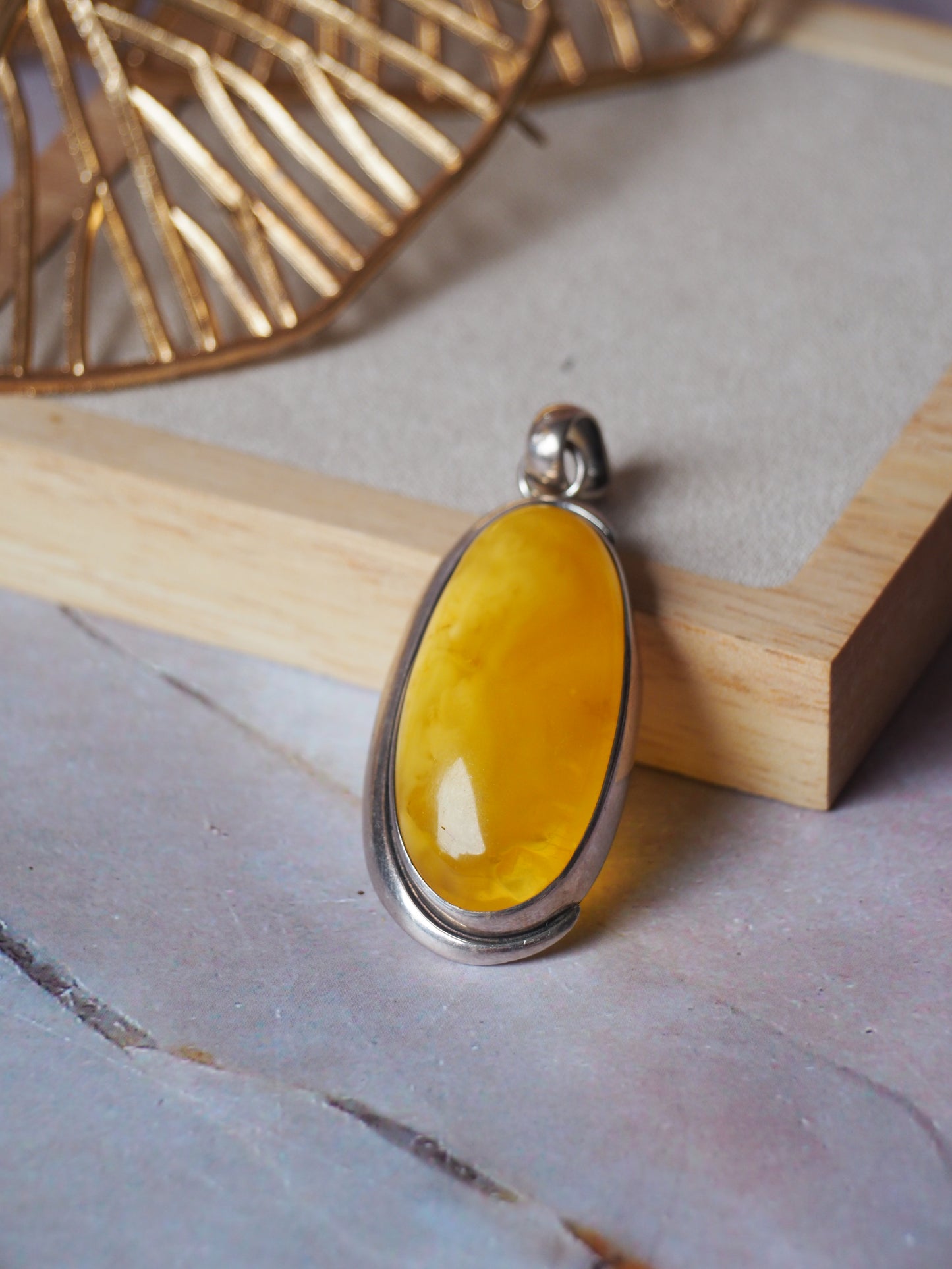 Butterscotch/ Honey Amber Oblong Pendant in Oxidized Silver
