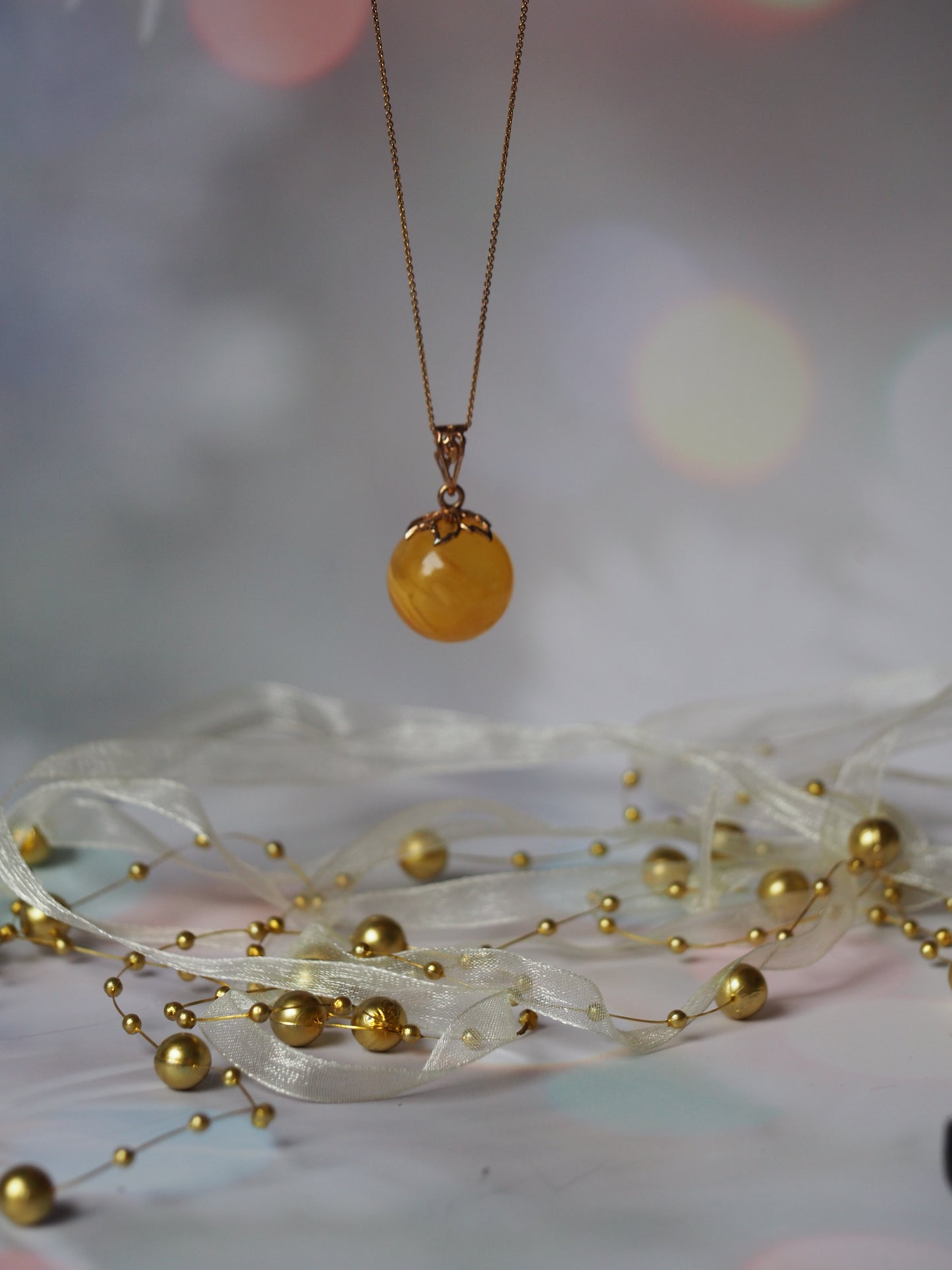 Butterscotch Cloudy Amber Ball Pendant 17mm Gold Plated Silver