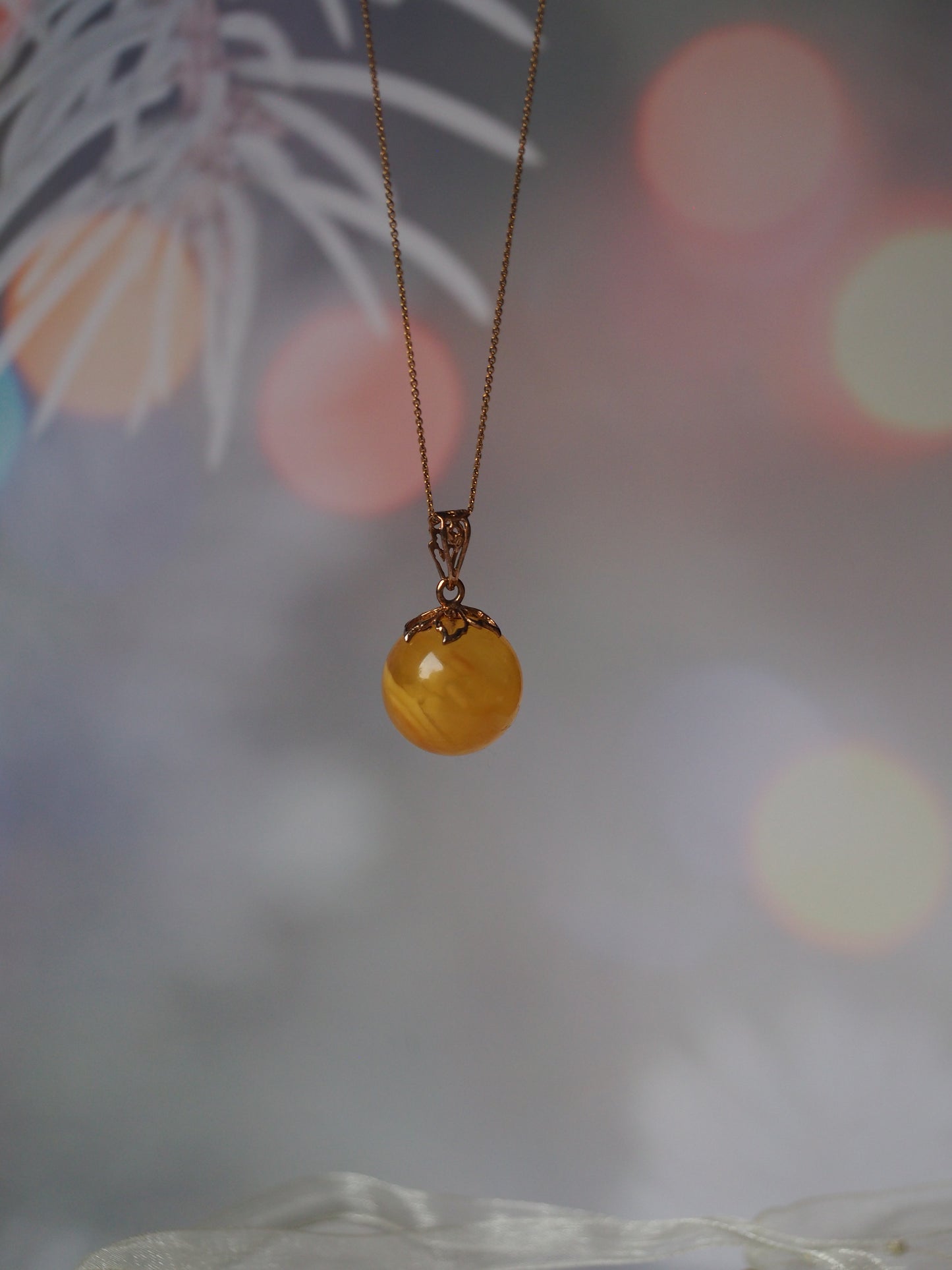 Butterscotch Cloudy Amber Ball Pendant 17mm Gold Plated Silver