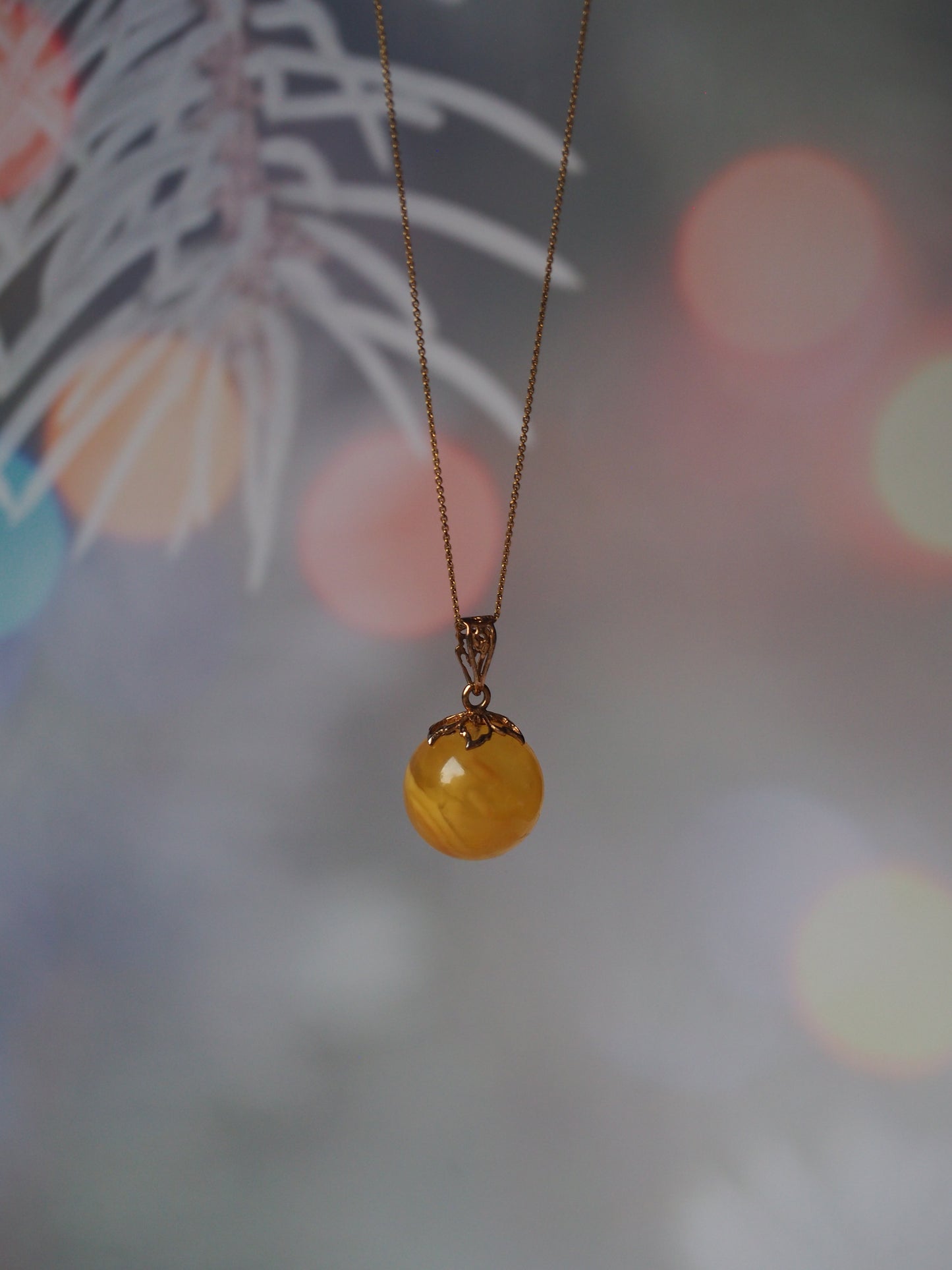 Butterscotch Cloudy Amber Ball Pendant 17mm Gold Plated Silver