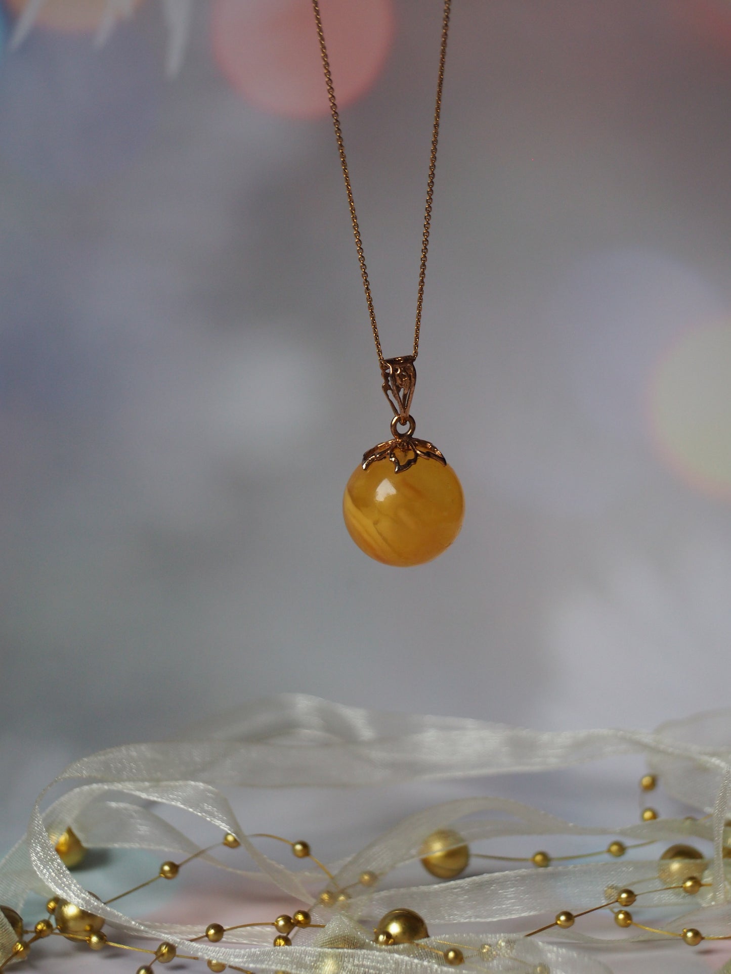 Butterscotch Cloudy Amber Ball Pendant 17mm Gold Plated Silver
