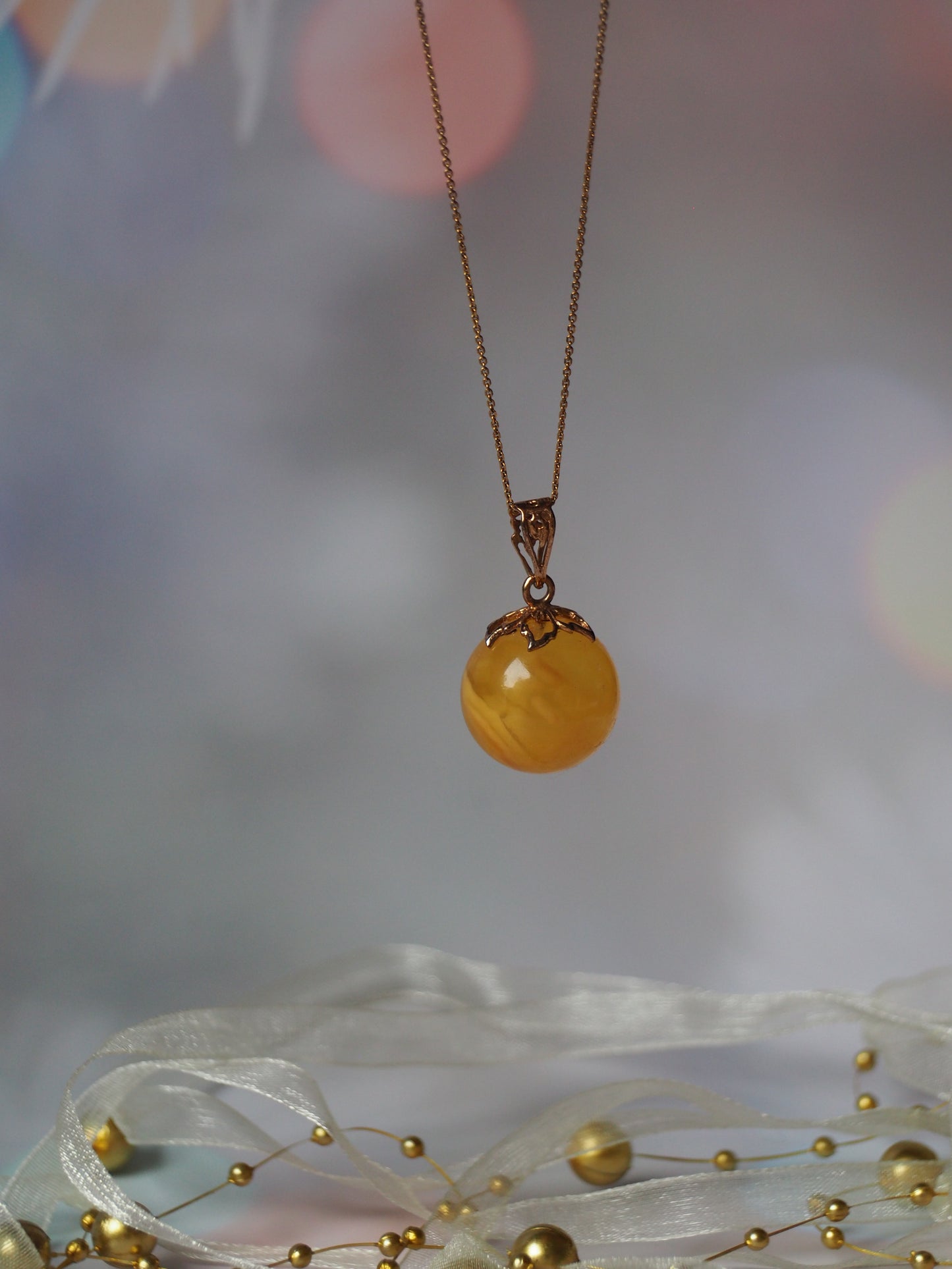 Butterscotch Cloudy Amber Ball Pendant 17mm Gold Plated Silver