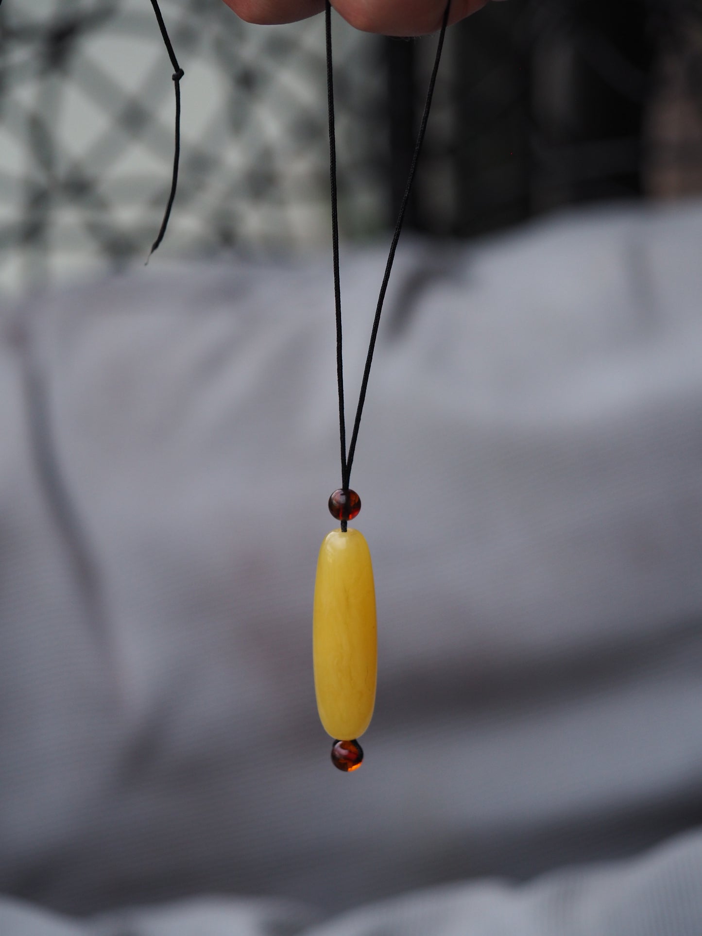 Natural Butterscotch Amber Barrel Shape Pendant with Cognac Beads