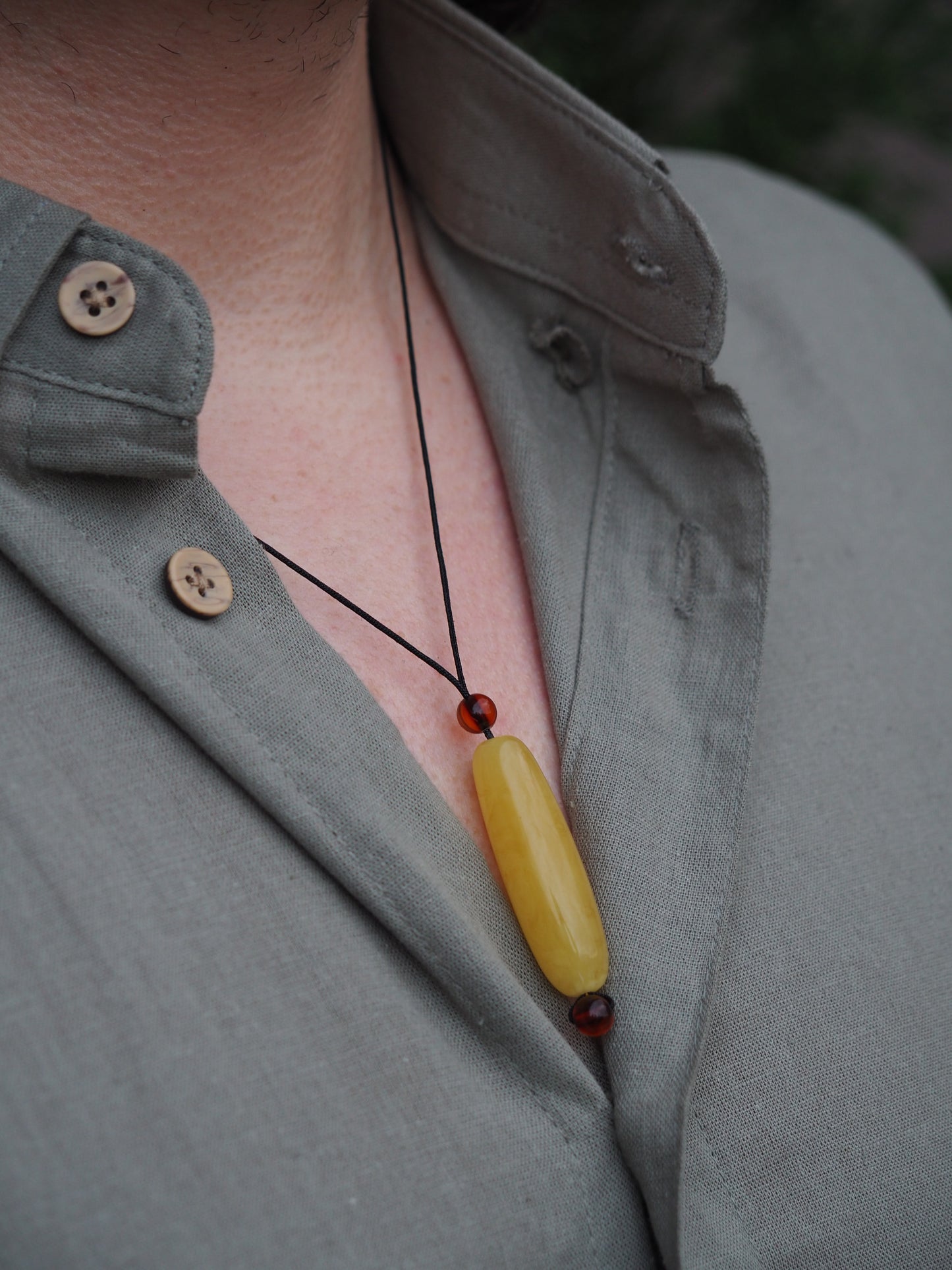 Natural Butterscotch Amber Barrel Shape Pendant with Cognac Beads