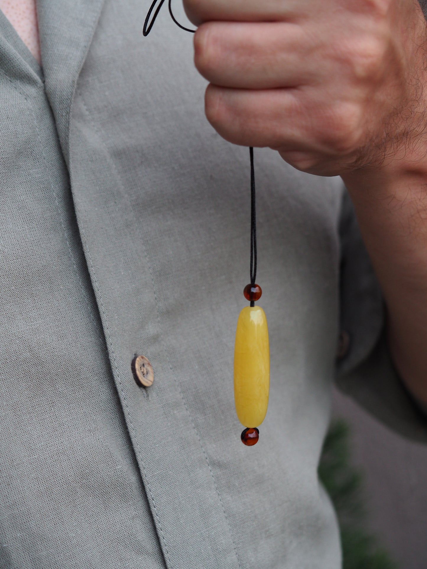 Natural Butterscotch Amber Barrel Shape Pendant with Cognac Beads