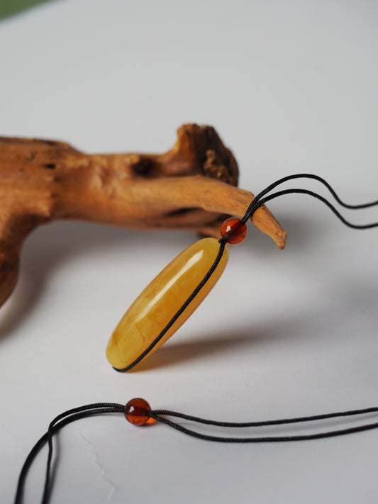 Natural Butterscotch Amber Barrel Shape Pendant with Cognac Beads