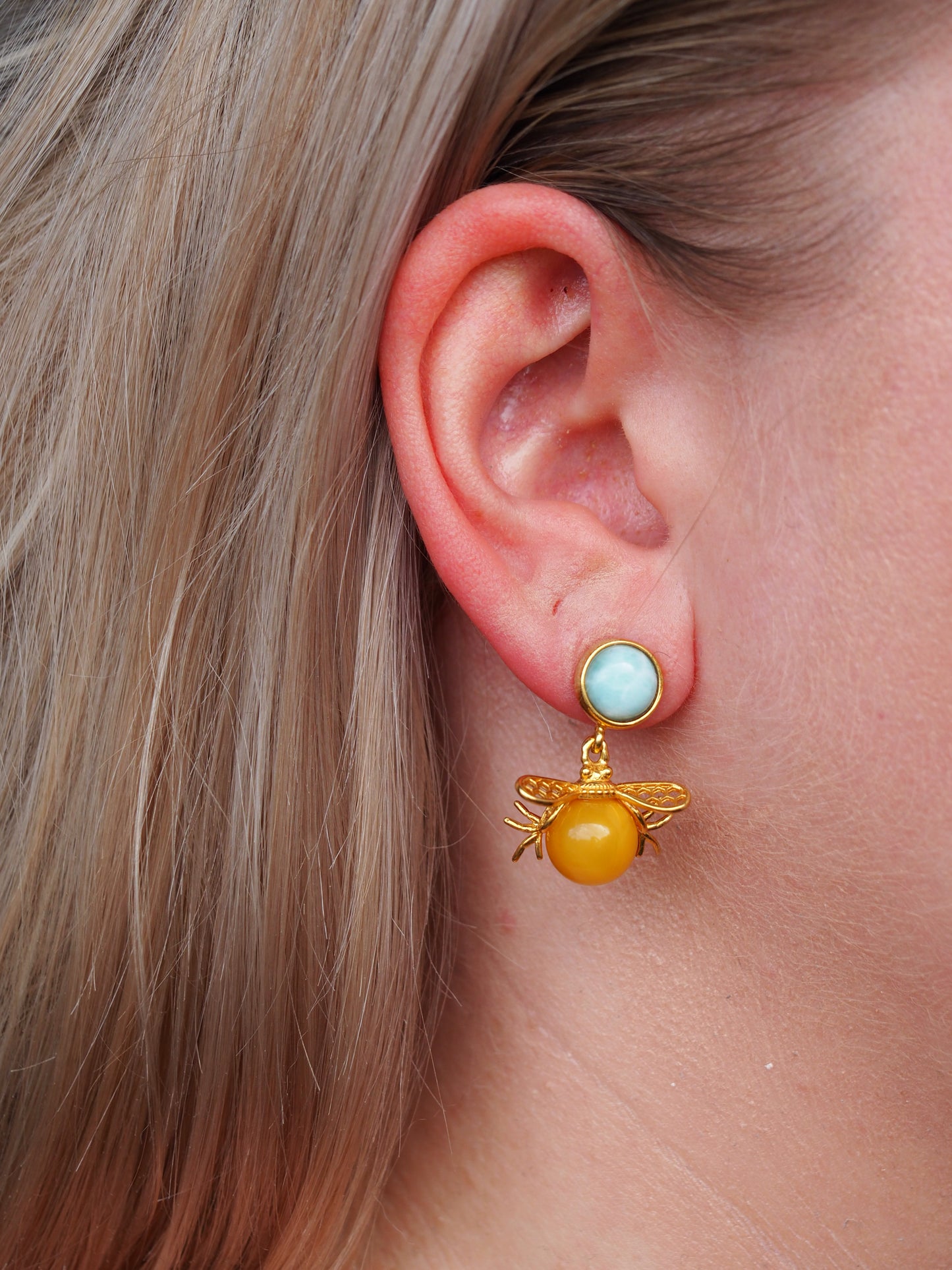 "Bee" Shape Larimar + Butterscotch Amber Earrings in Gold Plated Silver