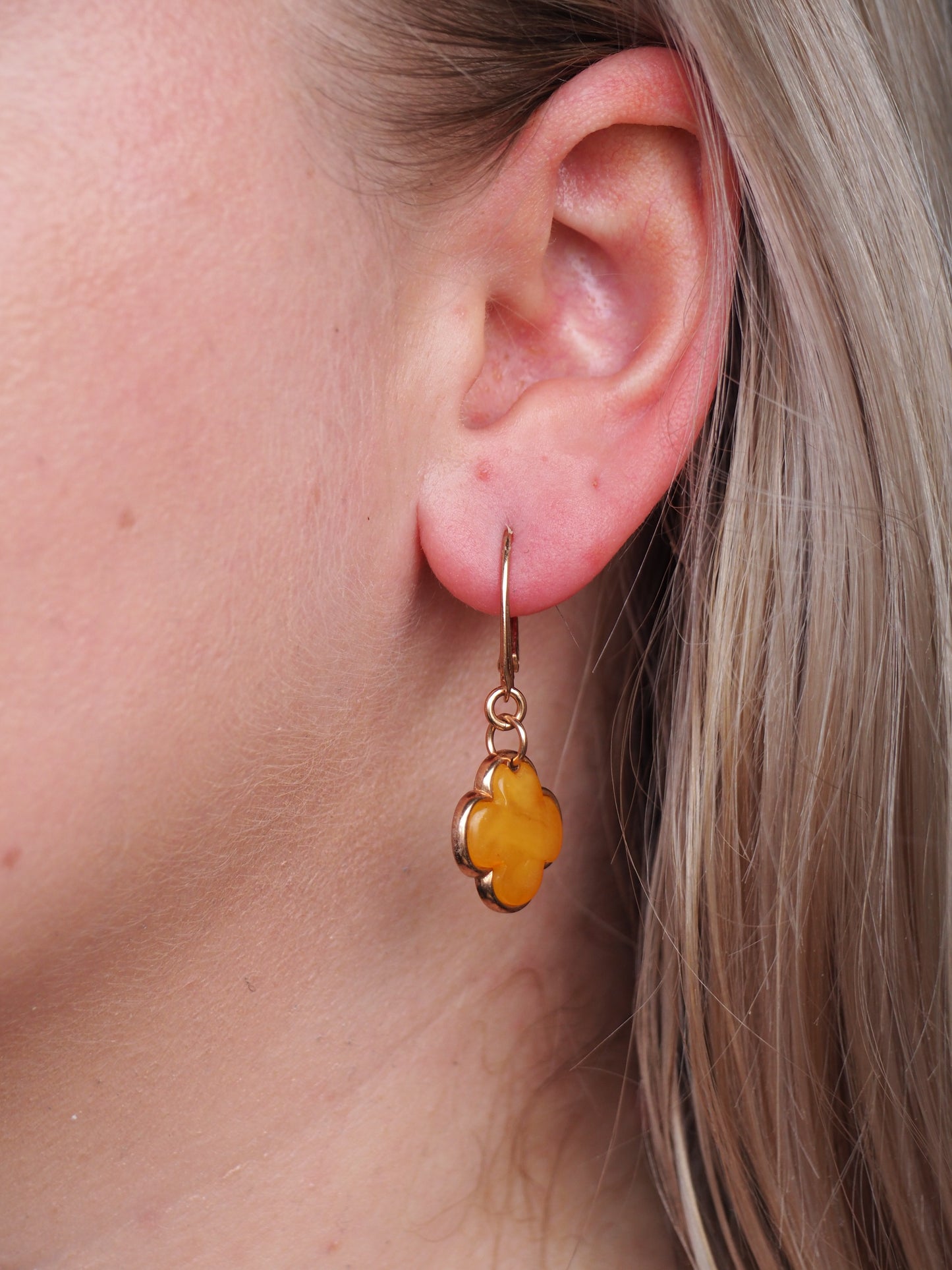 Clover Shape Butterscotch/Honey Amber Dangling Earrings in Rose Gold Plated Silver