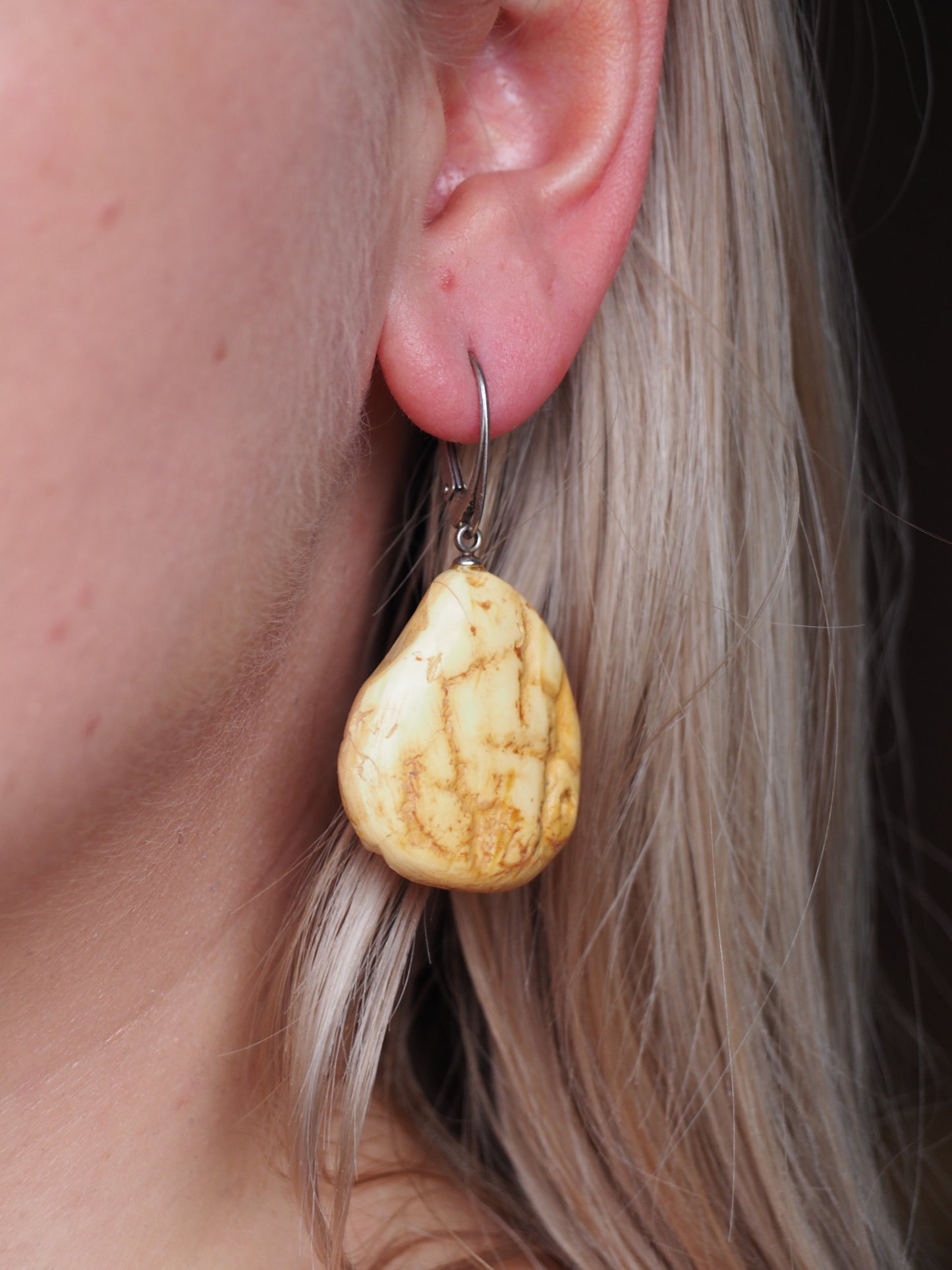 White Raw Amber/ Honey Amber Drop Bulky Earrings