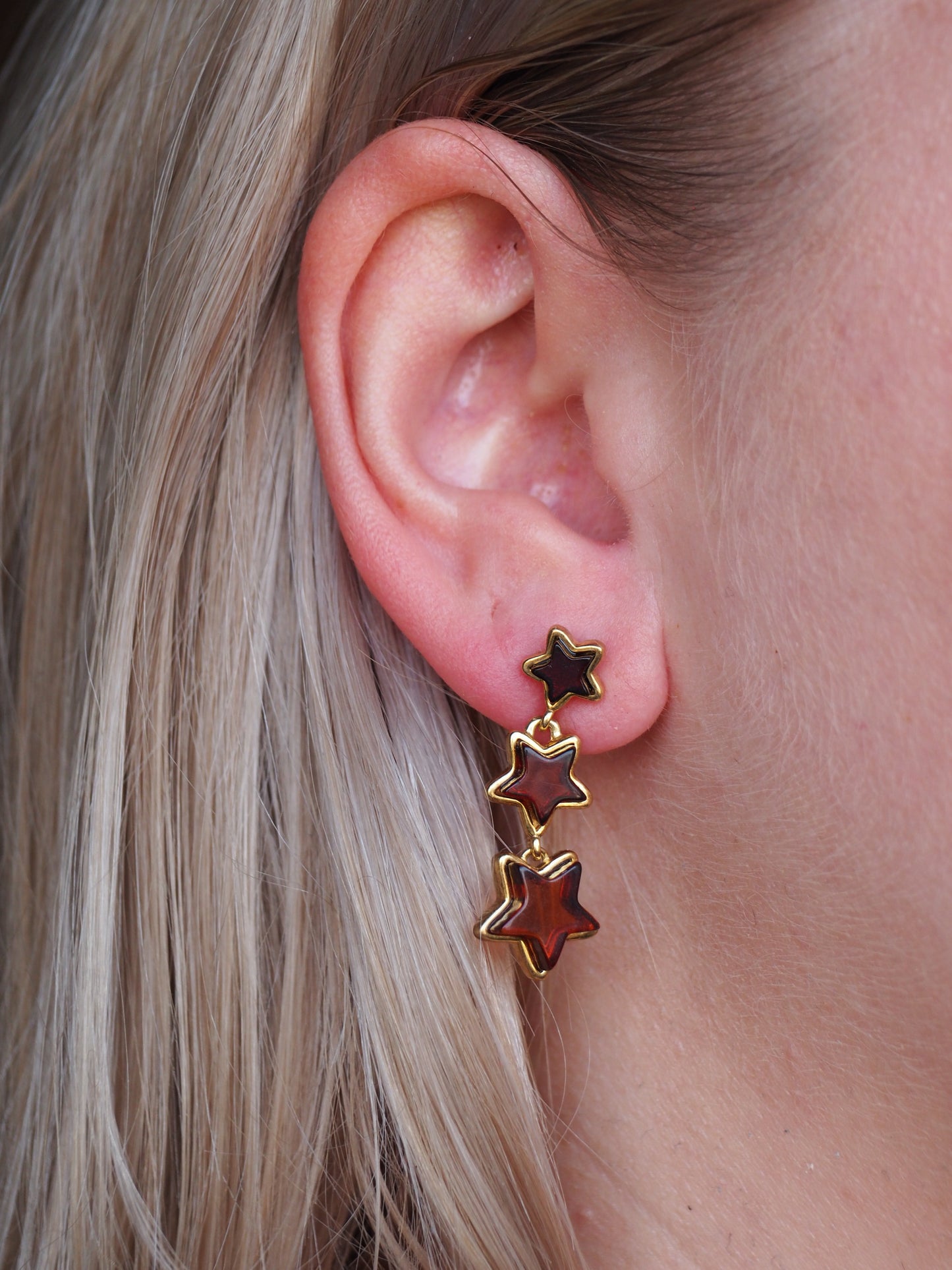 Star Shape Dangling Stud Earrings - Cherry Amber Gold Plated