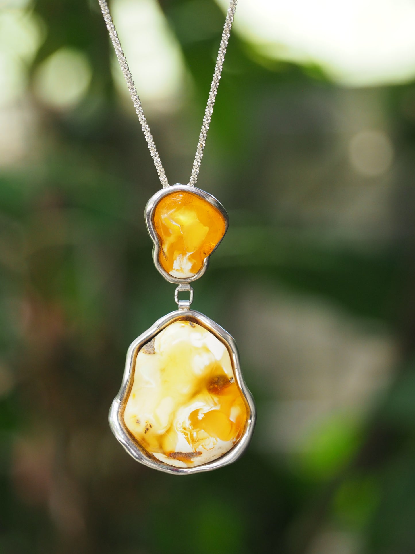 Huge Unique Natural Royal White/ Honey Amber Handmade Pendant in Silver