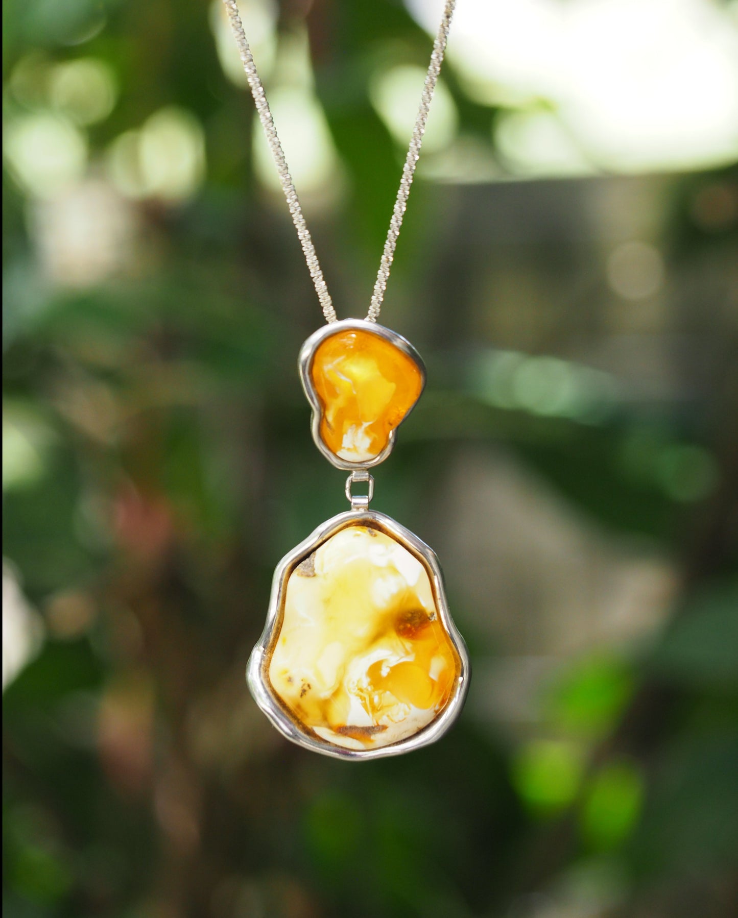 Huge Unique Natural Royal White/ Honey Amber Handmade Pendant in Silver