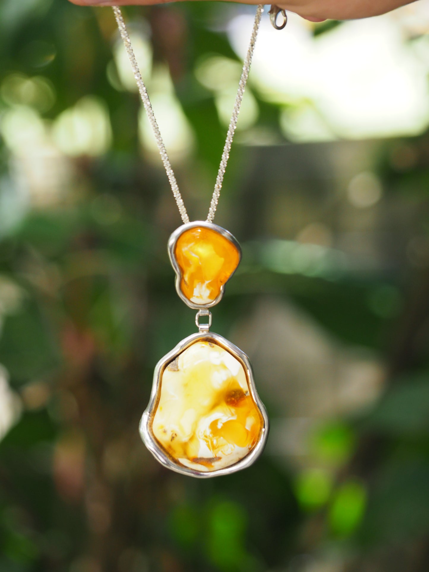 Huge Unique Natural Royal White/ Honey Amber Handmade Pendant in Silver