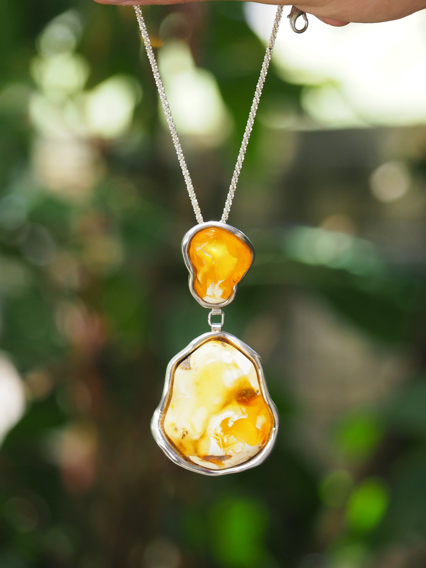 Huge Unique Natural Royal White/ Honey Amber Handmade Pendant in Silver