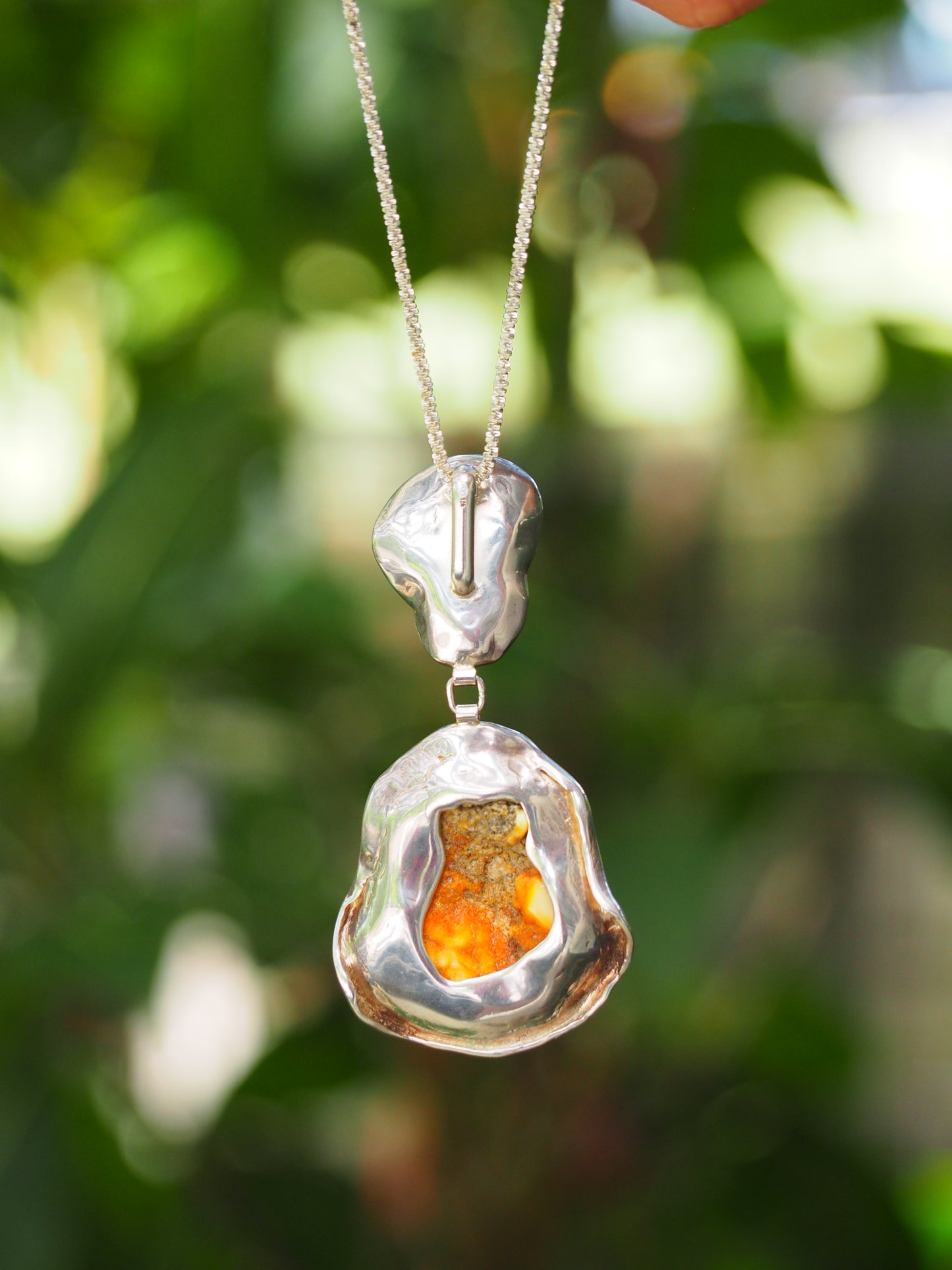 Huge Unique Natural Royal White/ Honey Amber Handmade Pendant in Silver