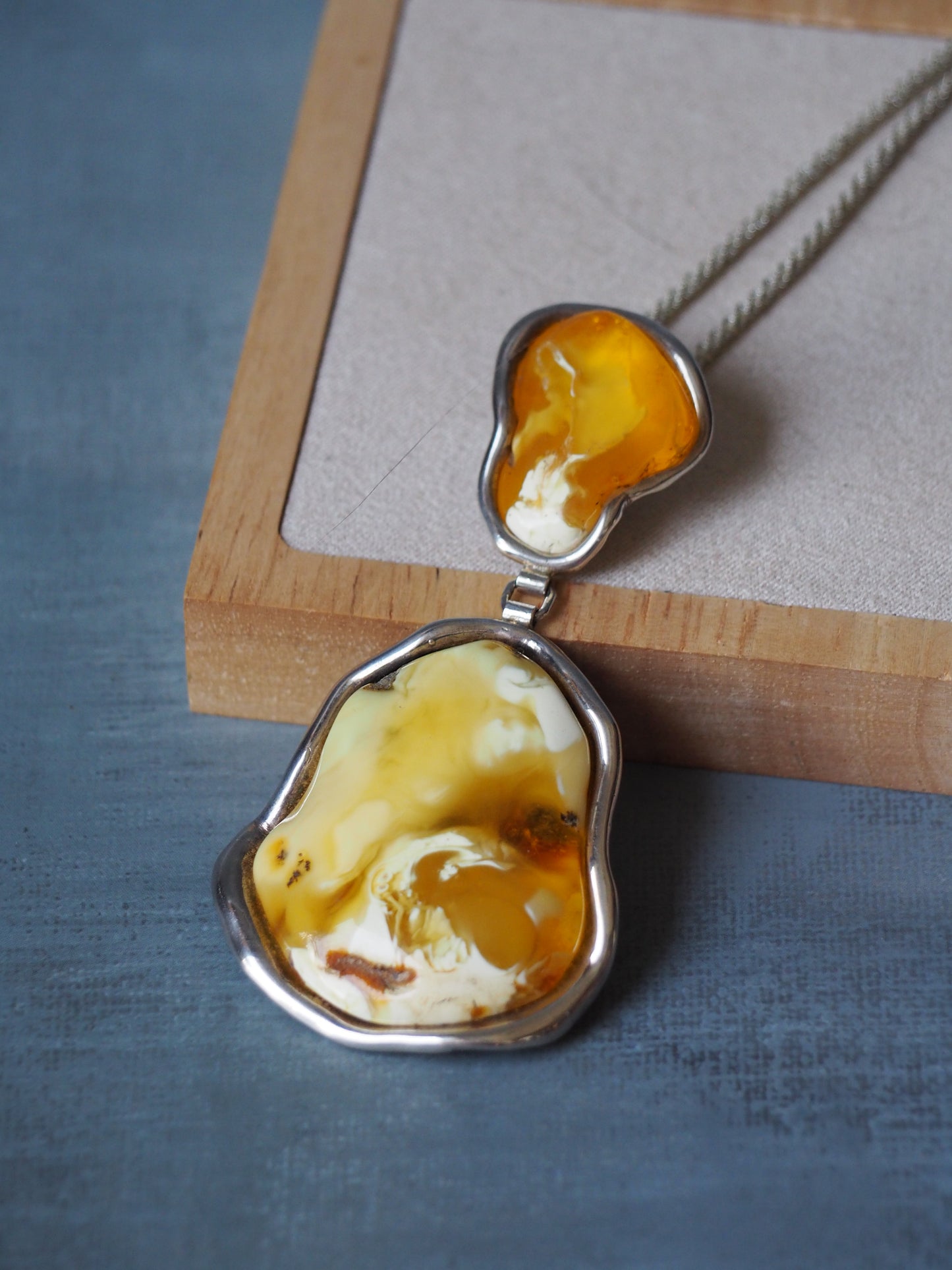 Huge Unique Natural Royal White/ Honey Amber Handmade Pendant in Silver