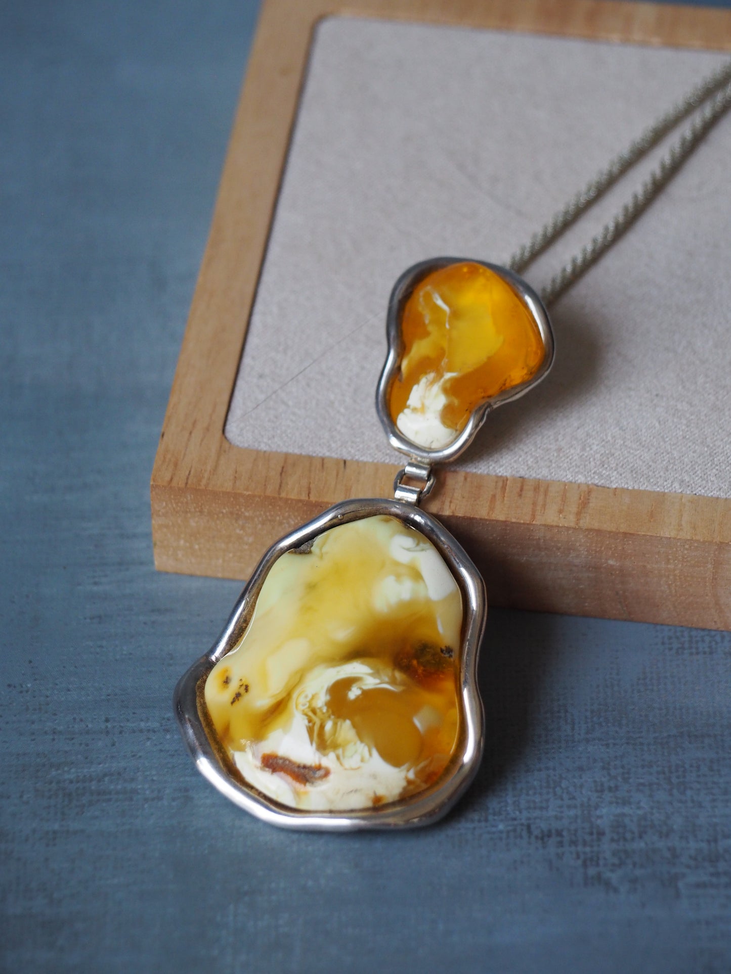 Huge Unique Natural Royal White/ Honey Amber Handmade Pendant in Silver