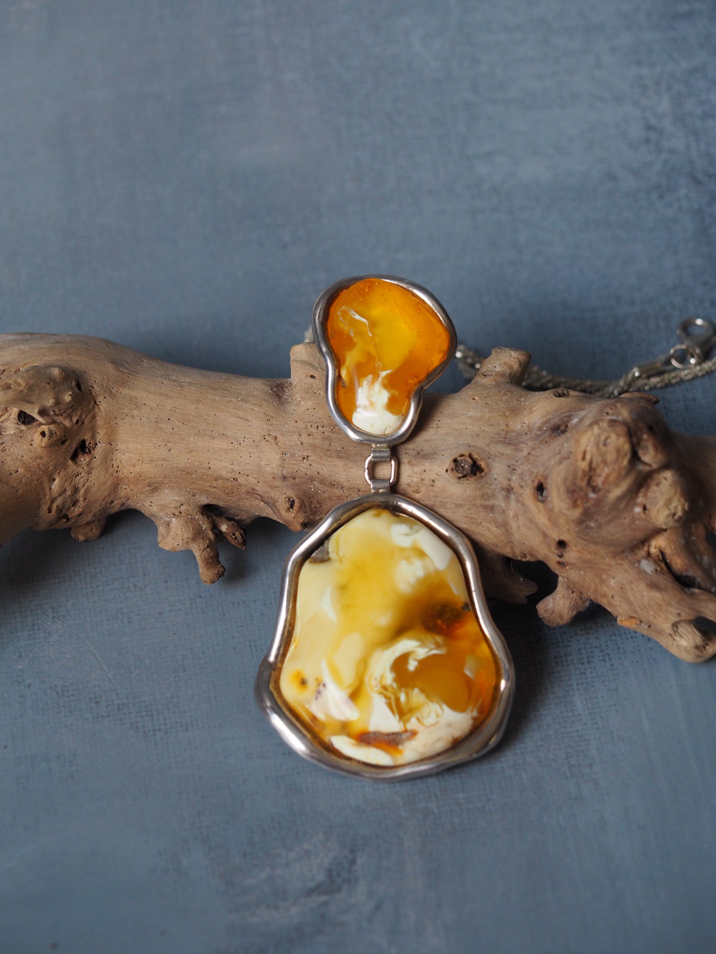 Huge Unique Natural Royal White/ Honey Amber Handmade Pendant in Silver