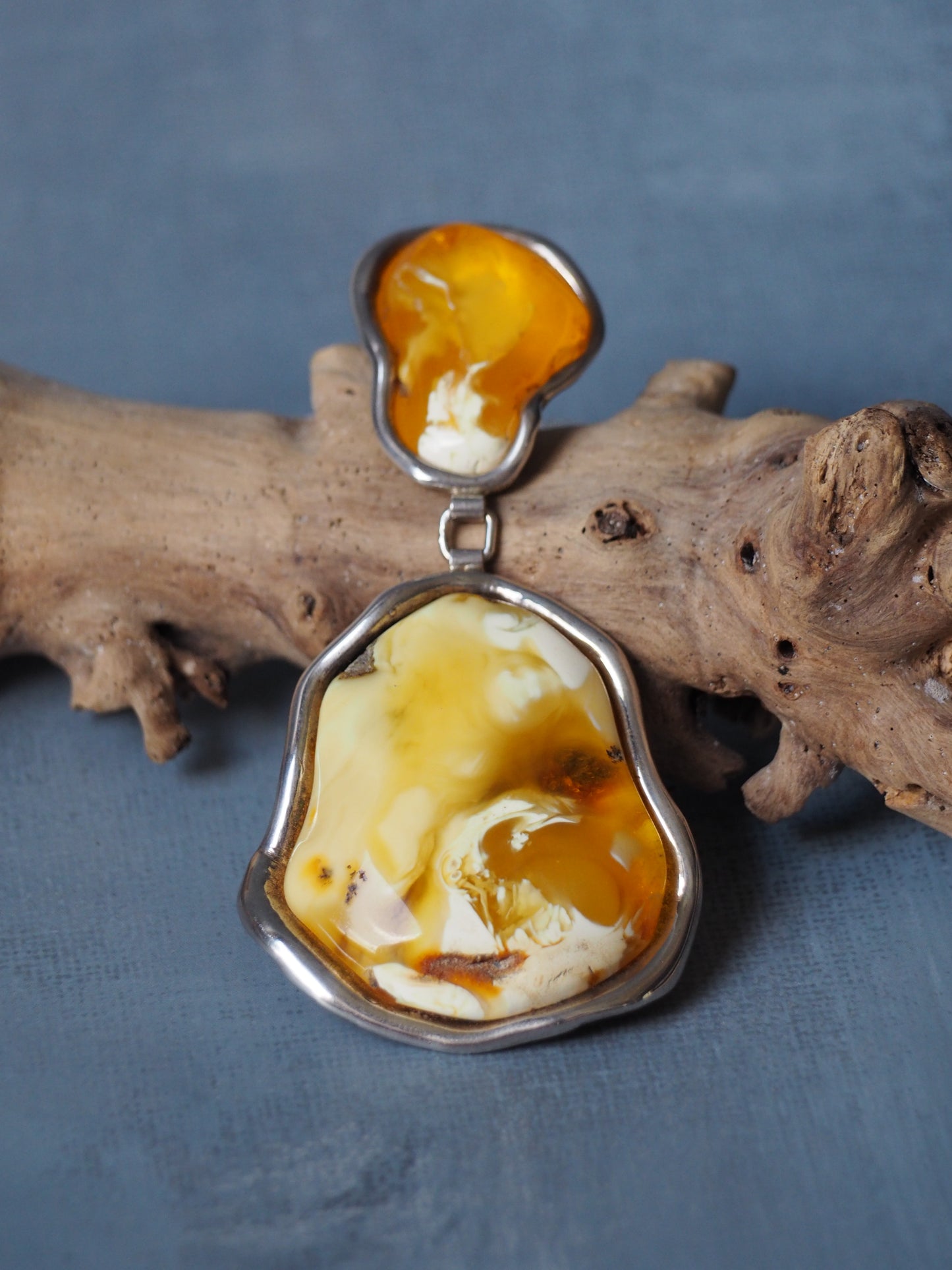 Huge Unique Natural Royal White/ Honey Amber Handmade Pendant in Silver