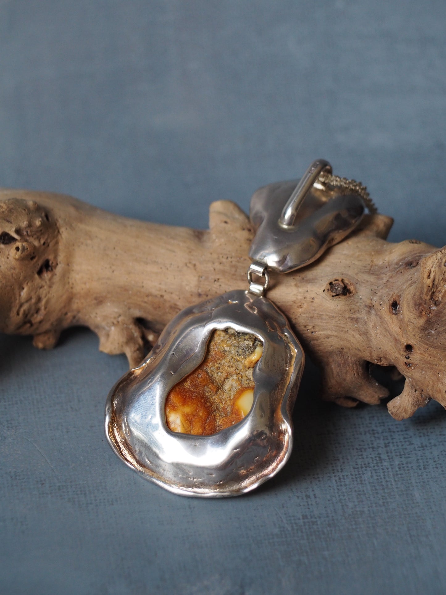 Huge Unique Natural Royal White/ Honey Amber Handmade Pendant in Silver