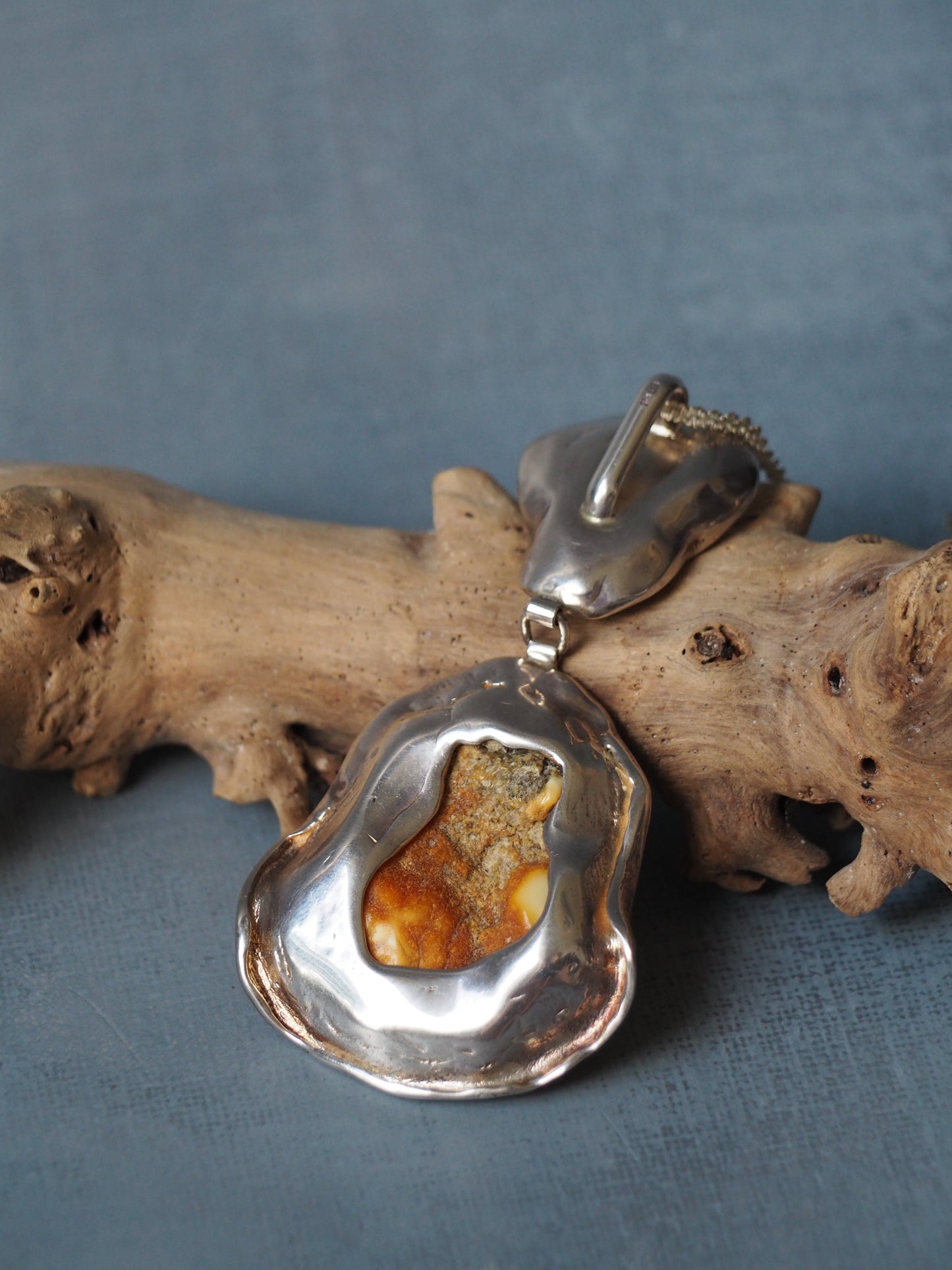 Huge Unique Natural Royal White/ Honey Amber Handmade Pendant in Silver