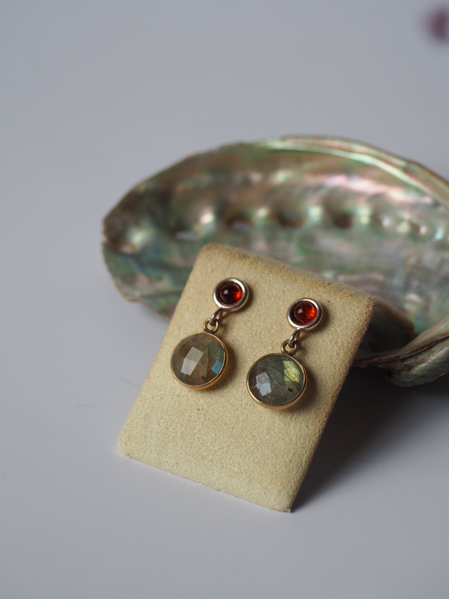 Cognac Amber + Labradorite Silver Stud Earrings