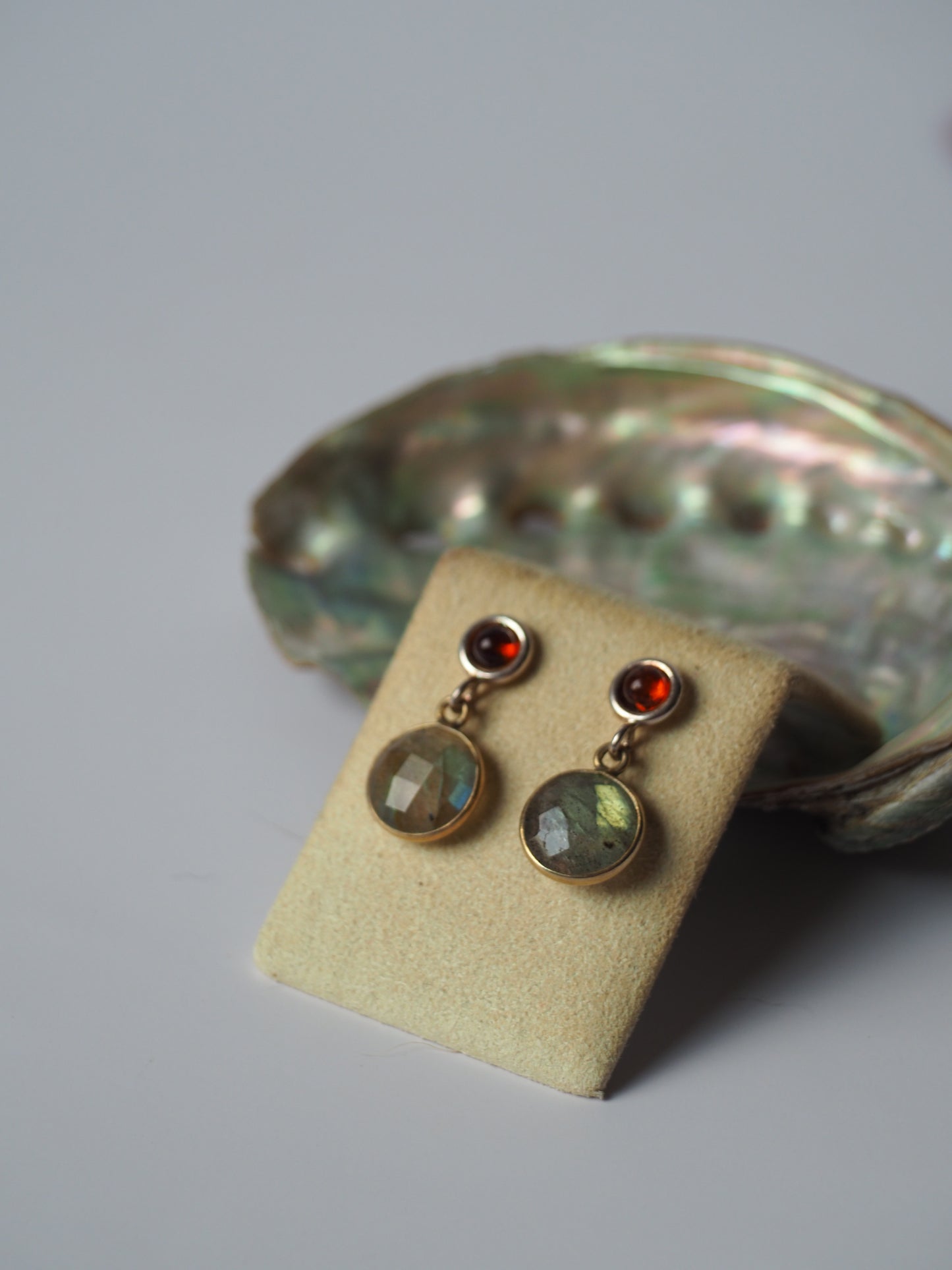 Cognac Amber + Labradorite Silver Stud Earrings