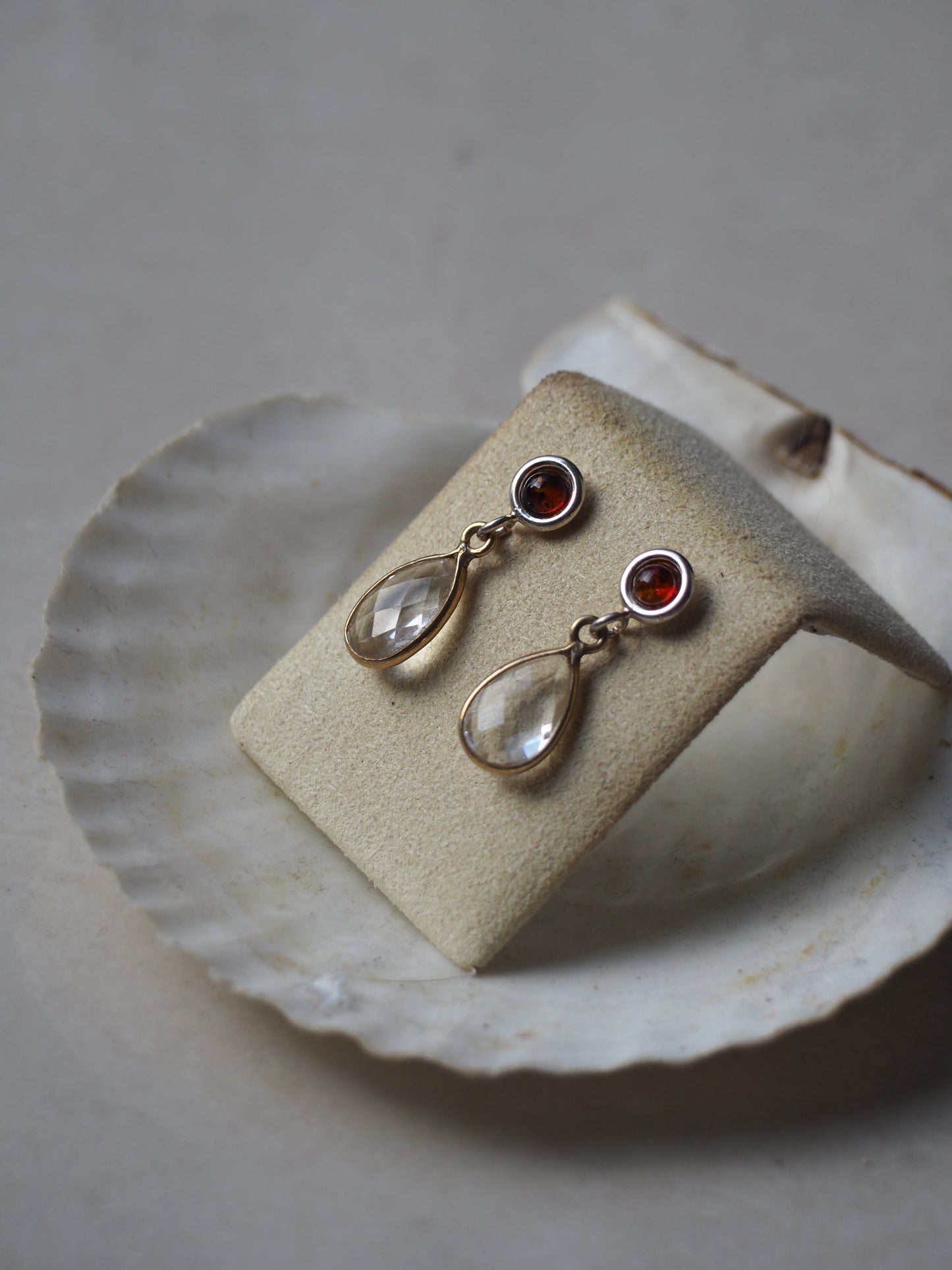 Cognac Amber + Mountain Crystal Silver Earrings