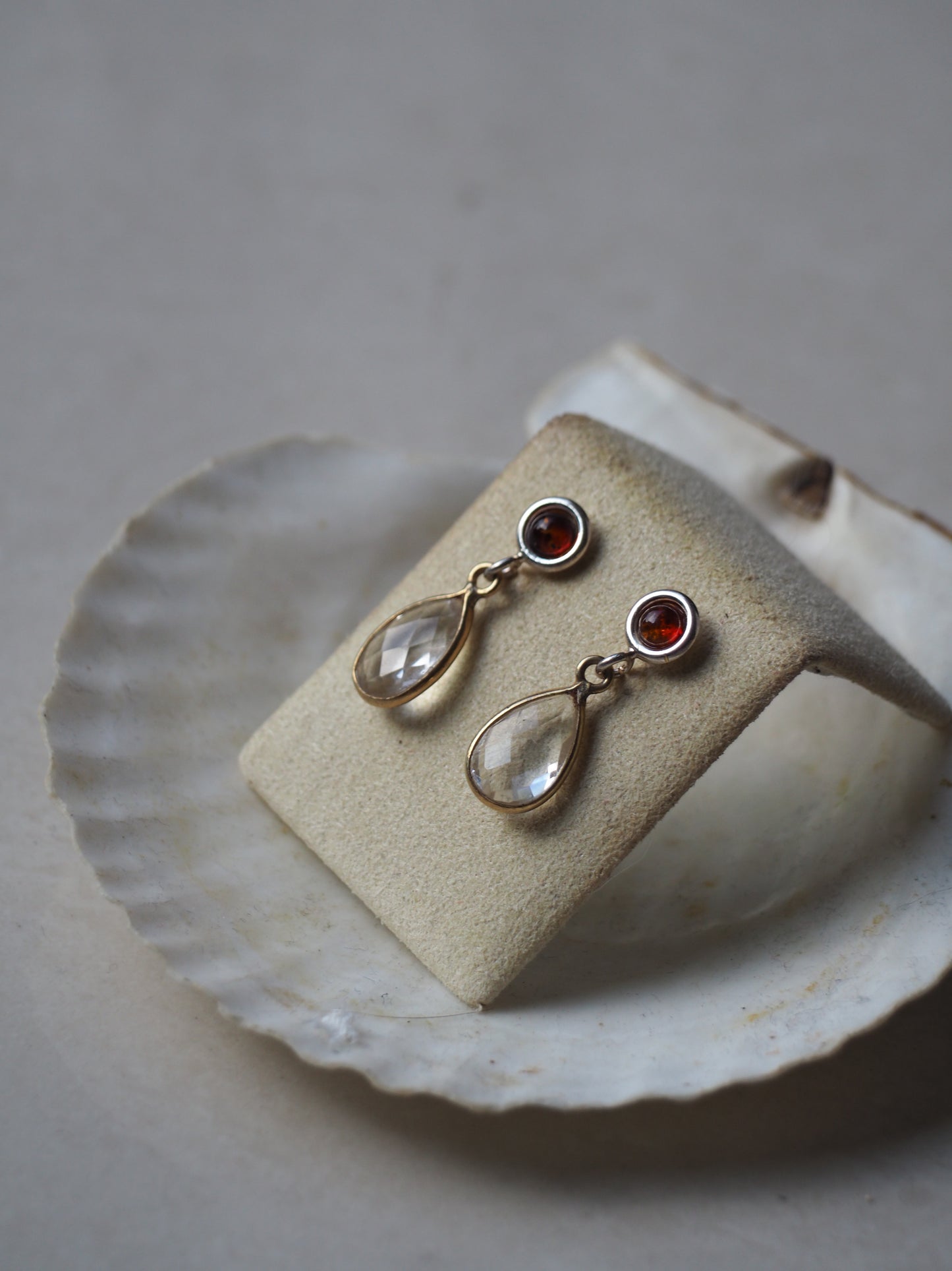 Cognac Amber + Mountain Crystal Silver Earrings
