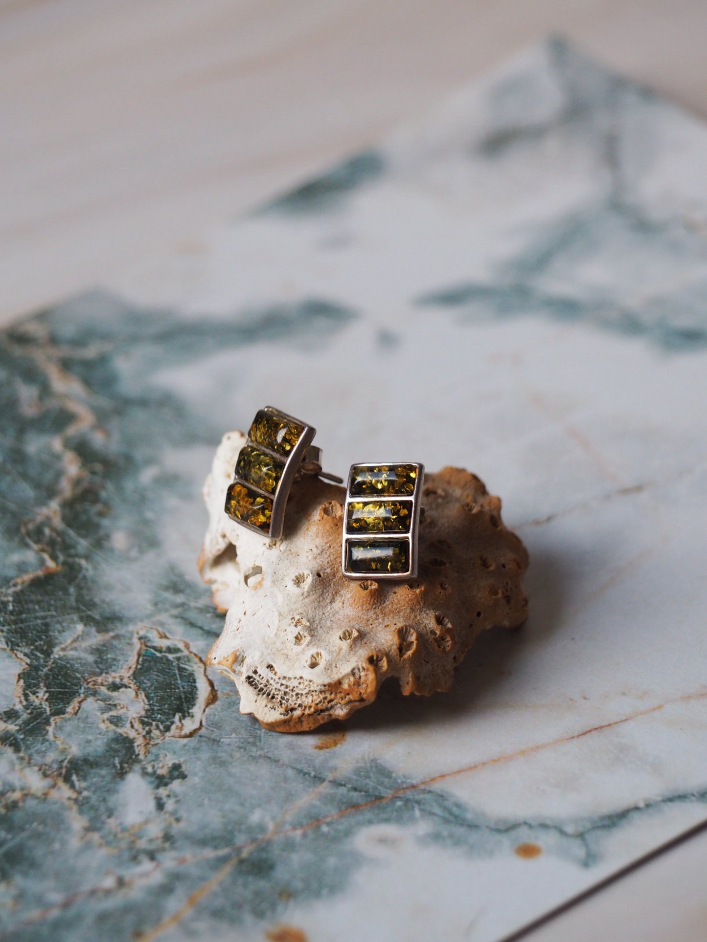 Green Amber Stud Earrings In Silver