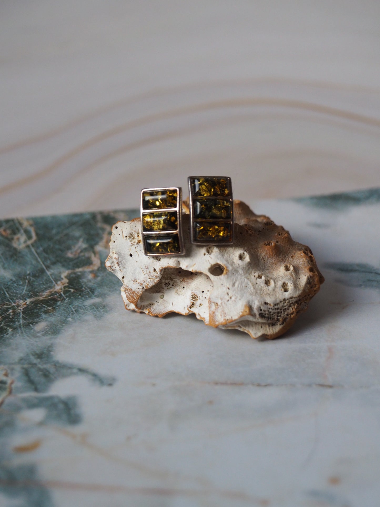 Green Amber Stud Earrings In Silver