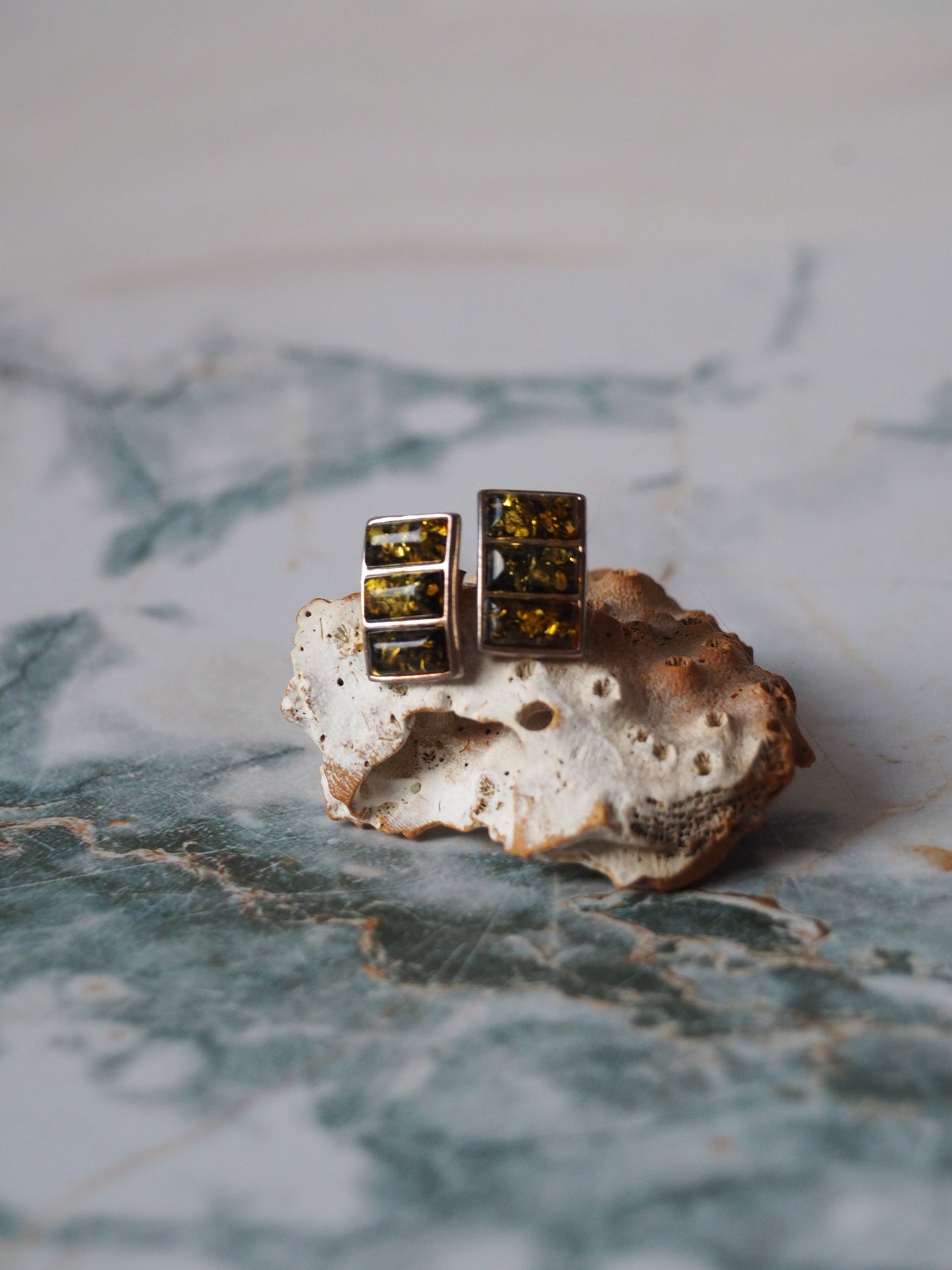 Green Amber Stud Earrings In Silver