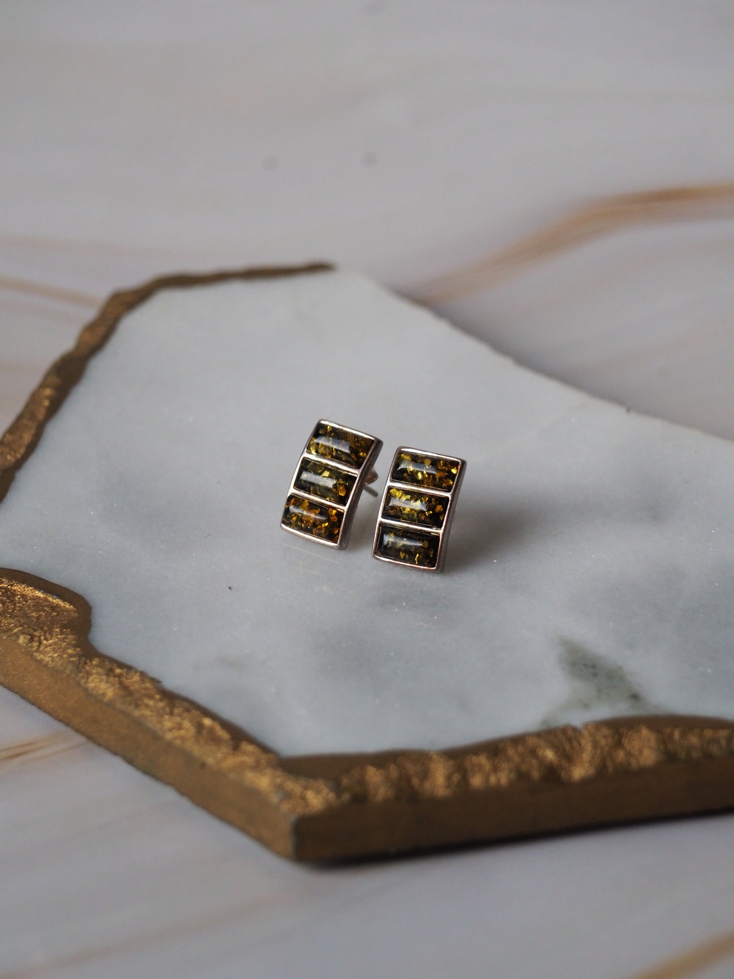 Green Amber Stud Earrings In Silver
